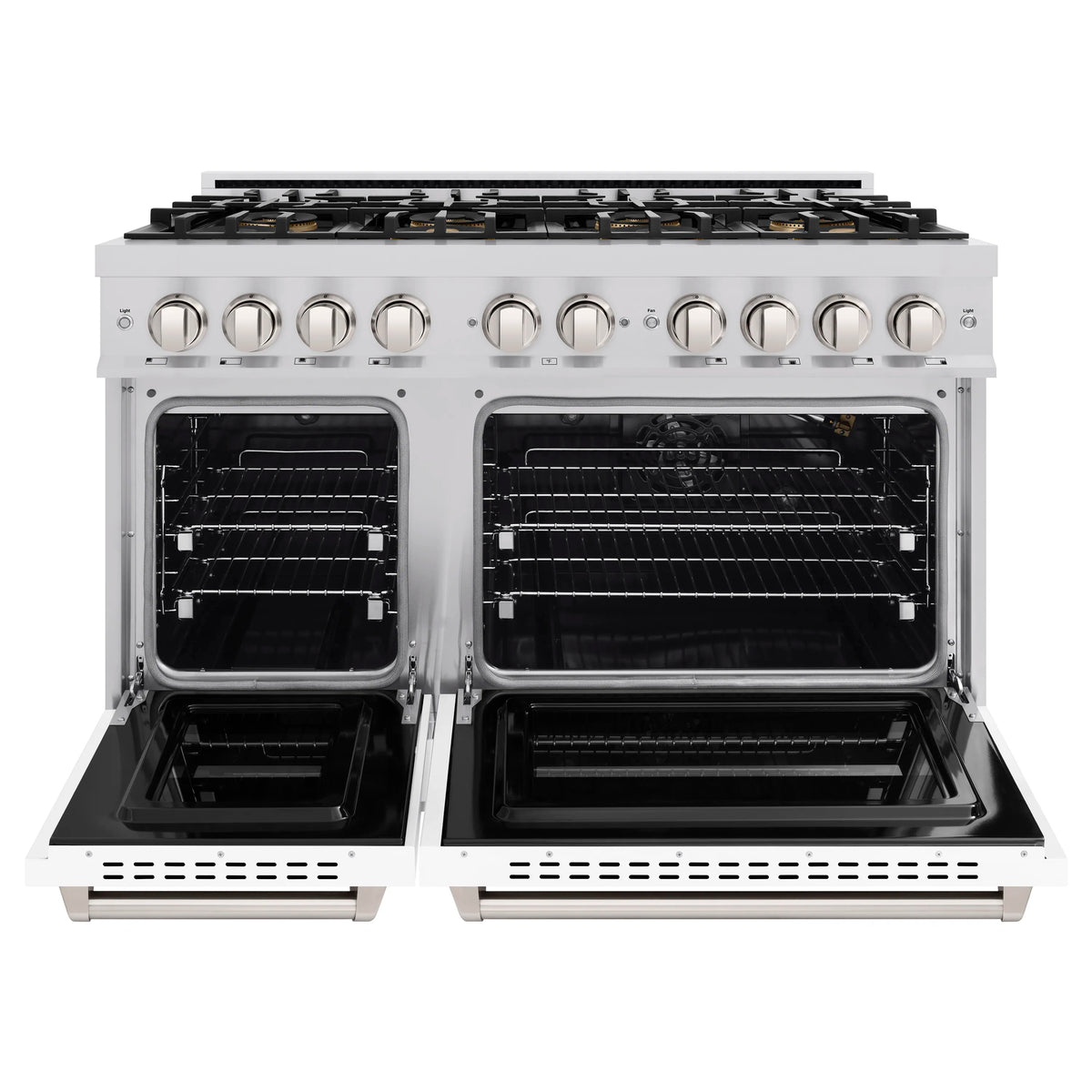 White gas range with open dual oven doors and racks, plus eight-burner cooktop