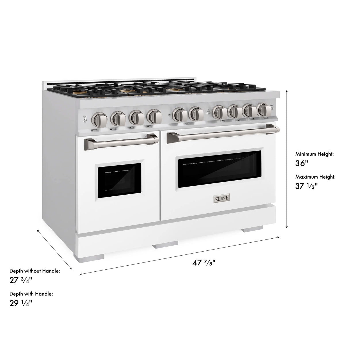 White matte gas range with height and depth measurements shown on side view
