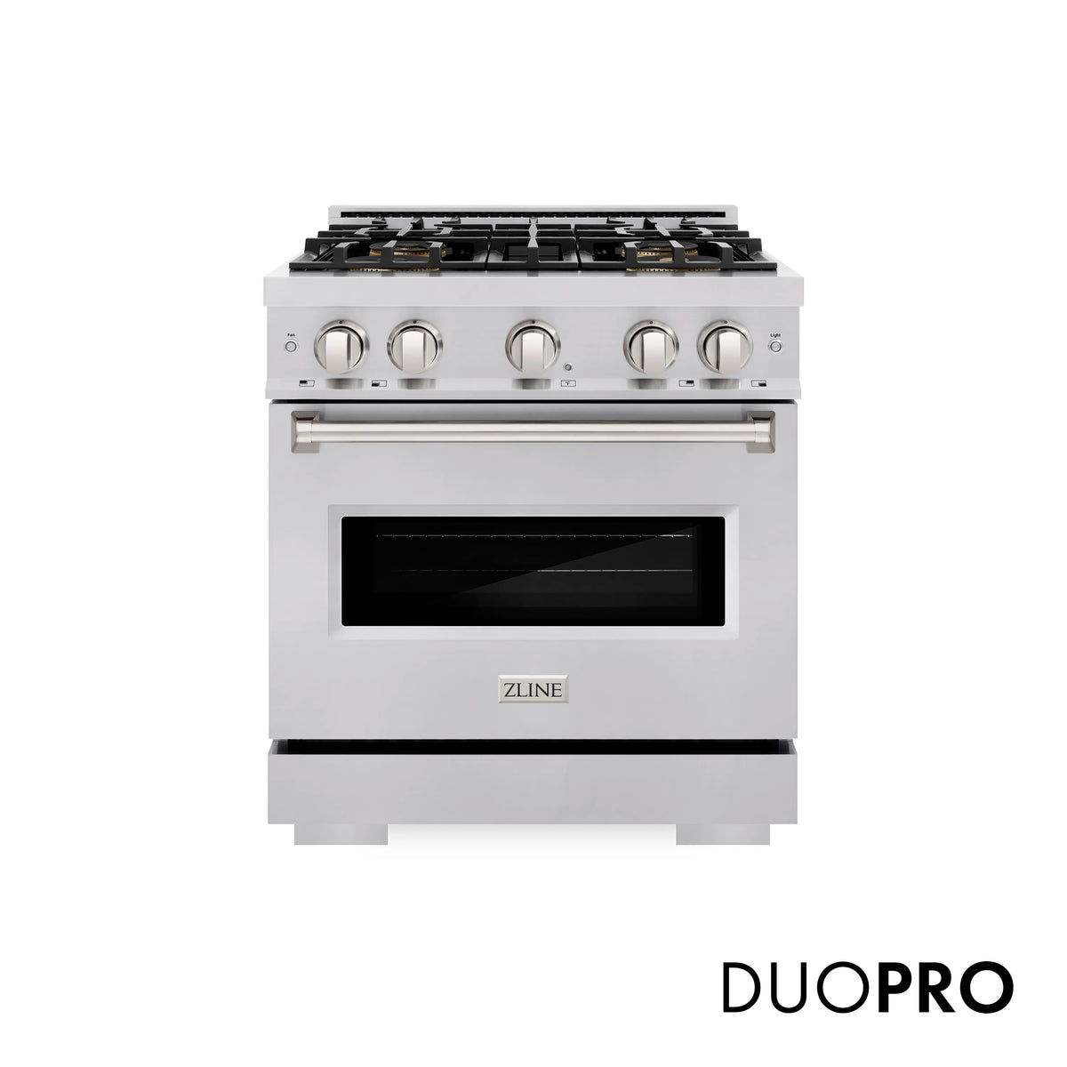Stainless steel gas range front view with four-burner cooktop and oven window