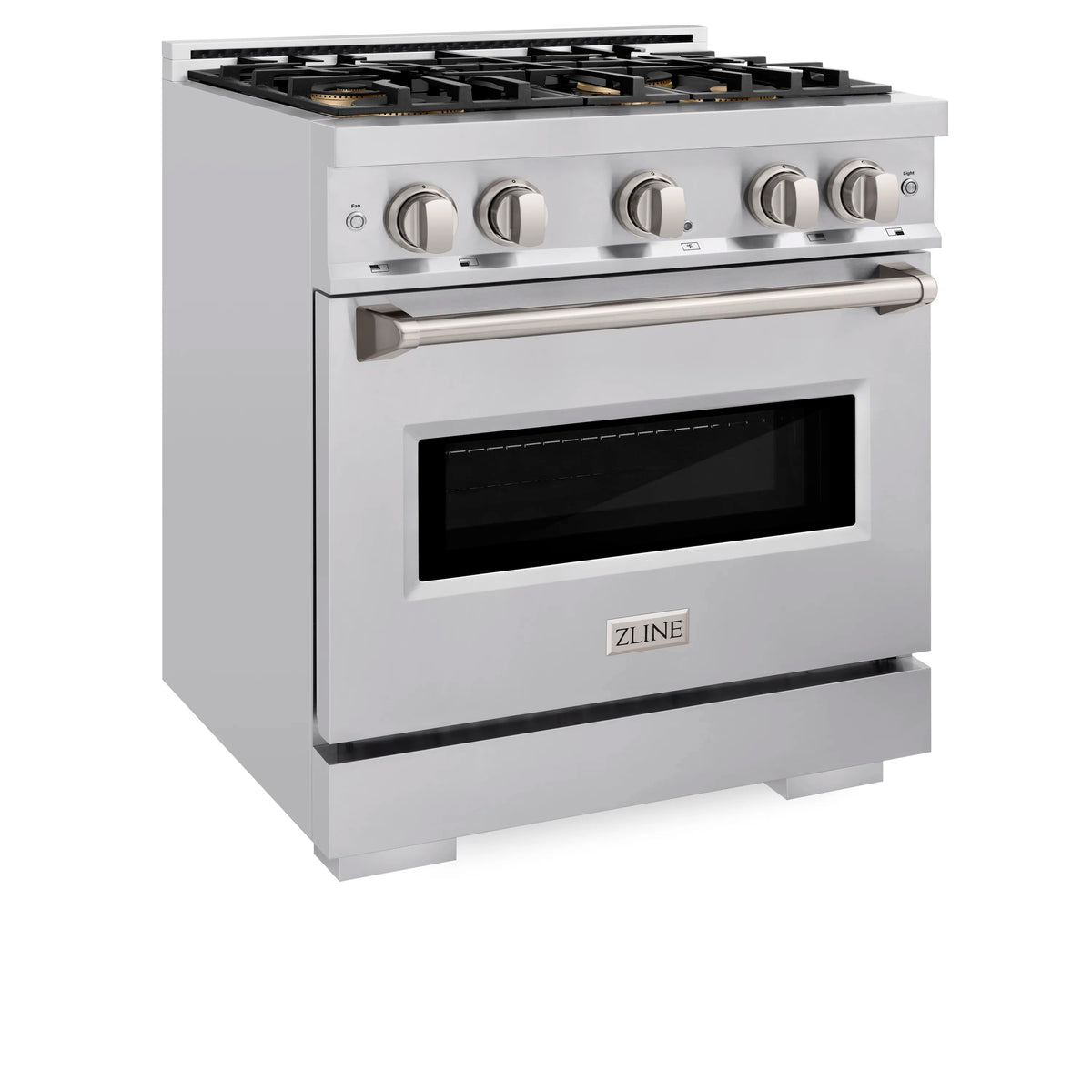 Stainless steel gas range with knob controls, burner grates, and oven window