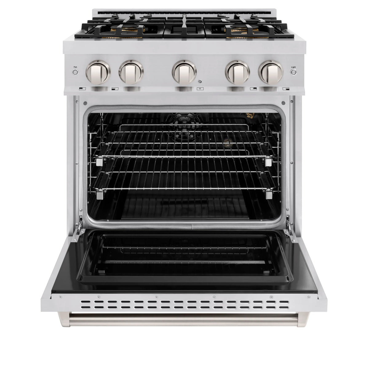 Stainless steel 4-burner gas range with open convection oven door and oven racks