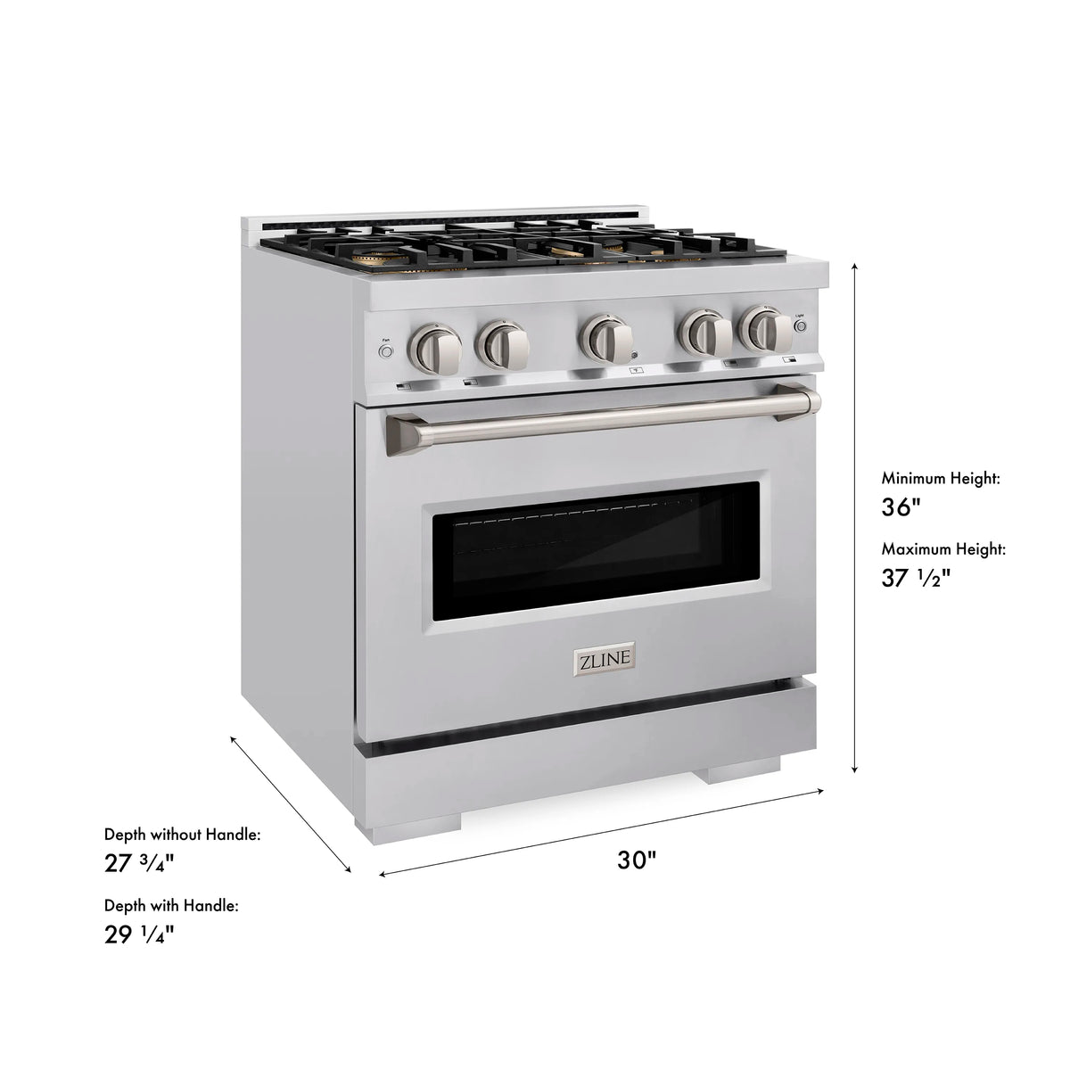 Stainless steel gas range with oven window and control knobs, side profile view