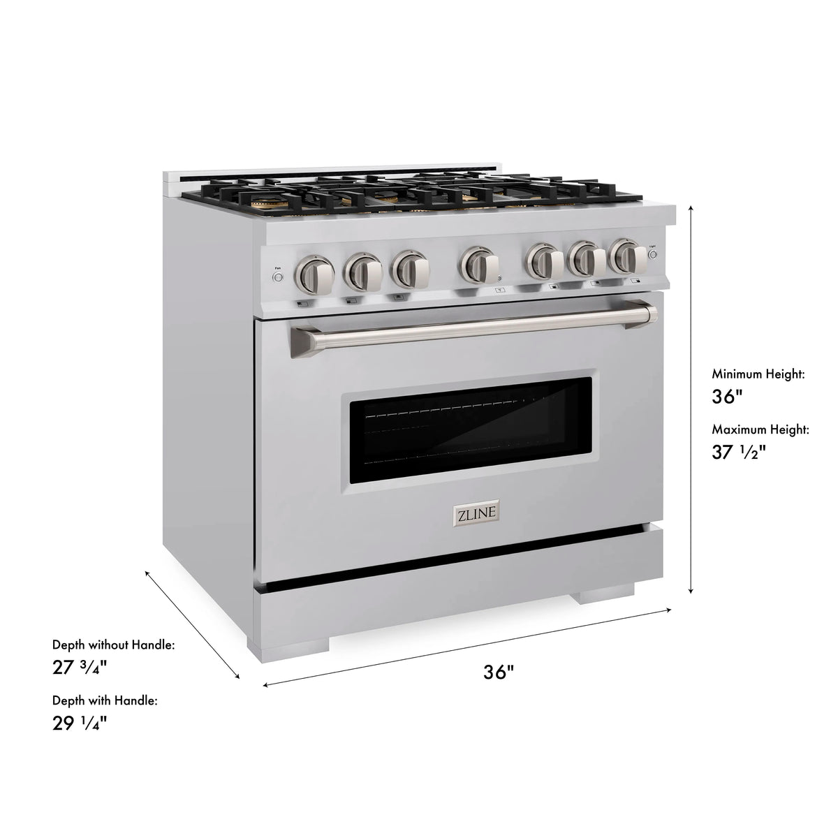 Stainless steel gas range with dimensions callouts and 6-burner cooktop