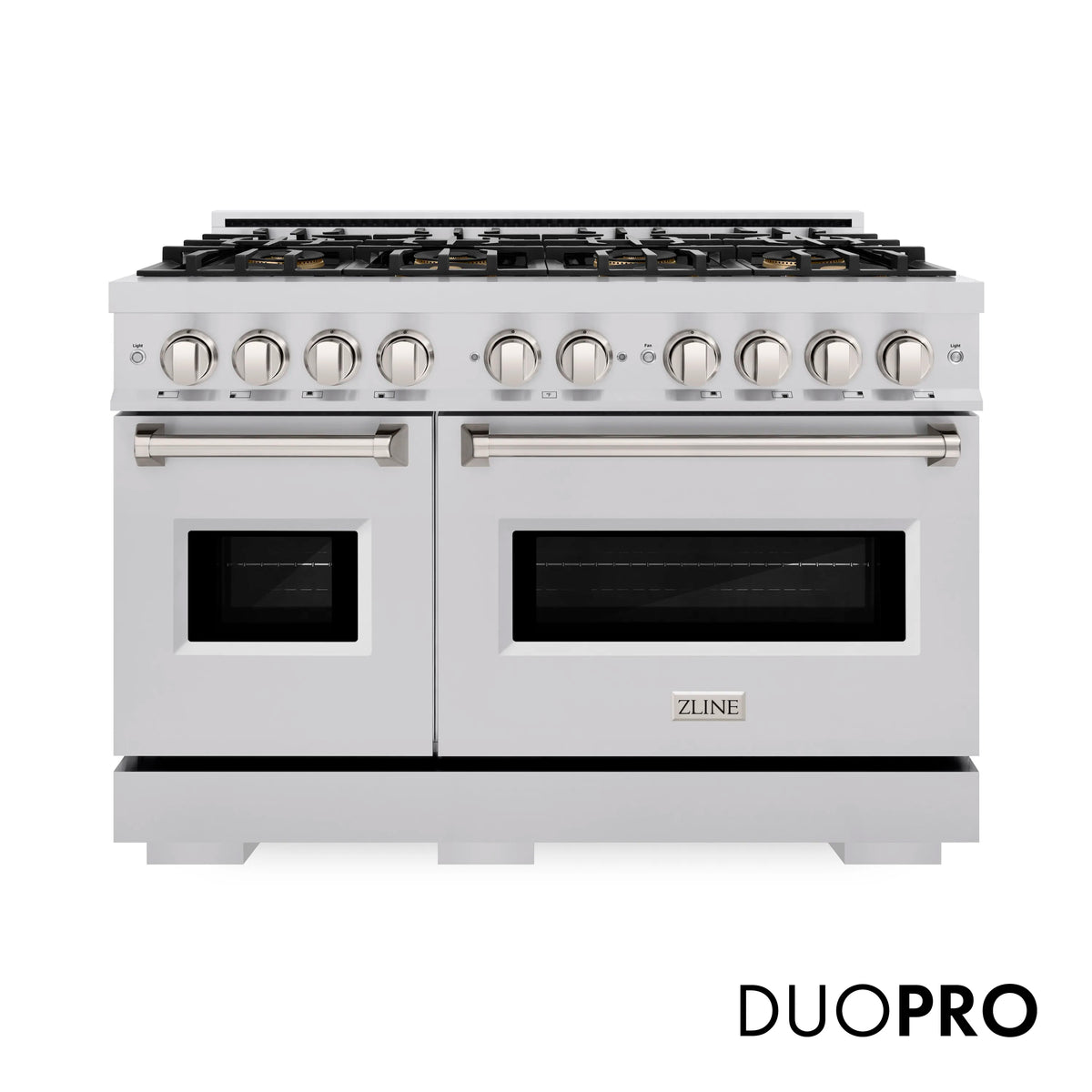 Stainless steel dual-oven gas range with knob controls and black cooktop grates