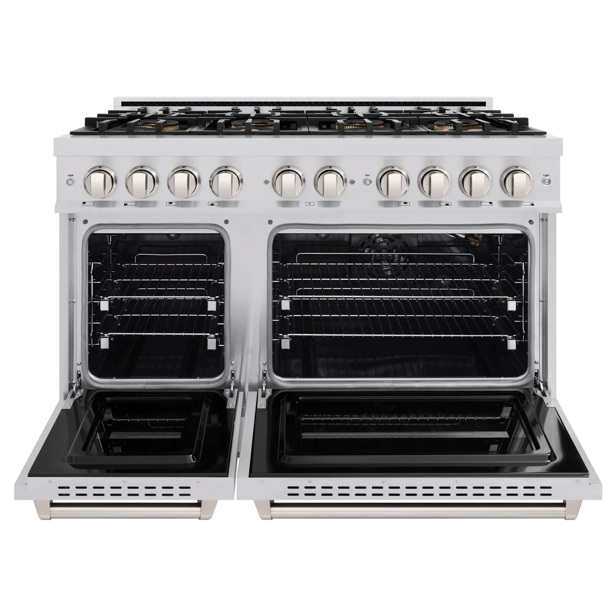 Stainless steel gas range with both oven doors open, racks and interior shelves visible