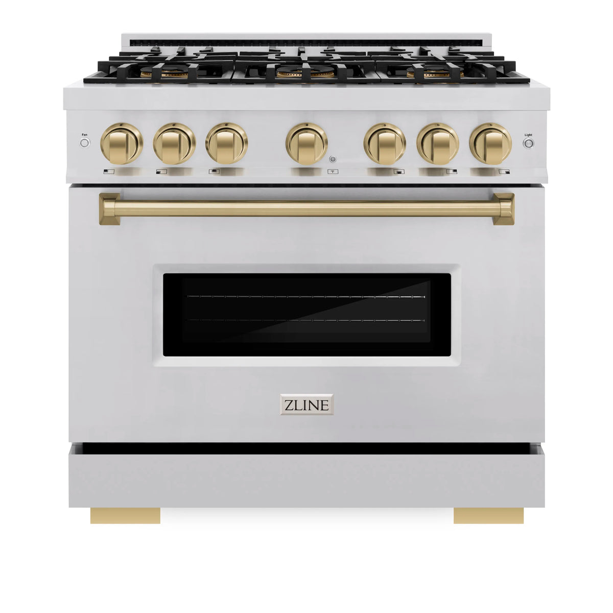 White freestanding gas range with bronze knobs, bar handle, and oven window