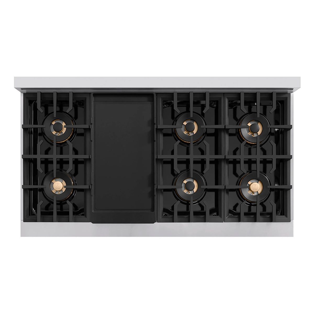 Gas cooktop with black burner grates and a smooth black cover panel