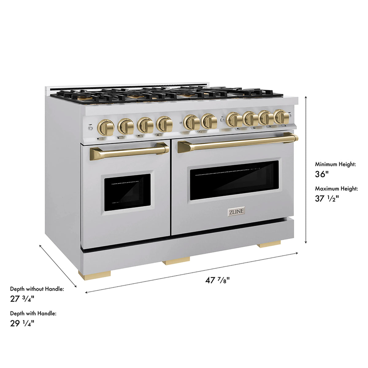 White gas range with dimension labels for depth, width, and height