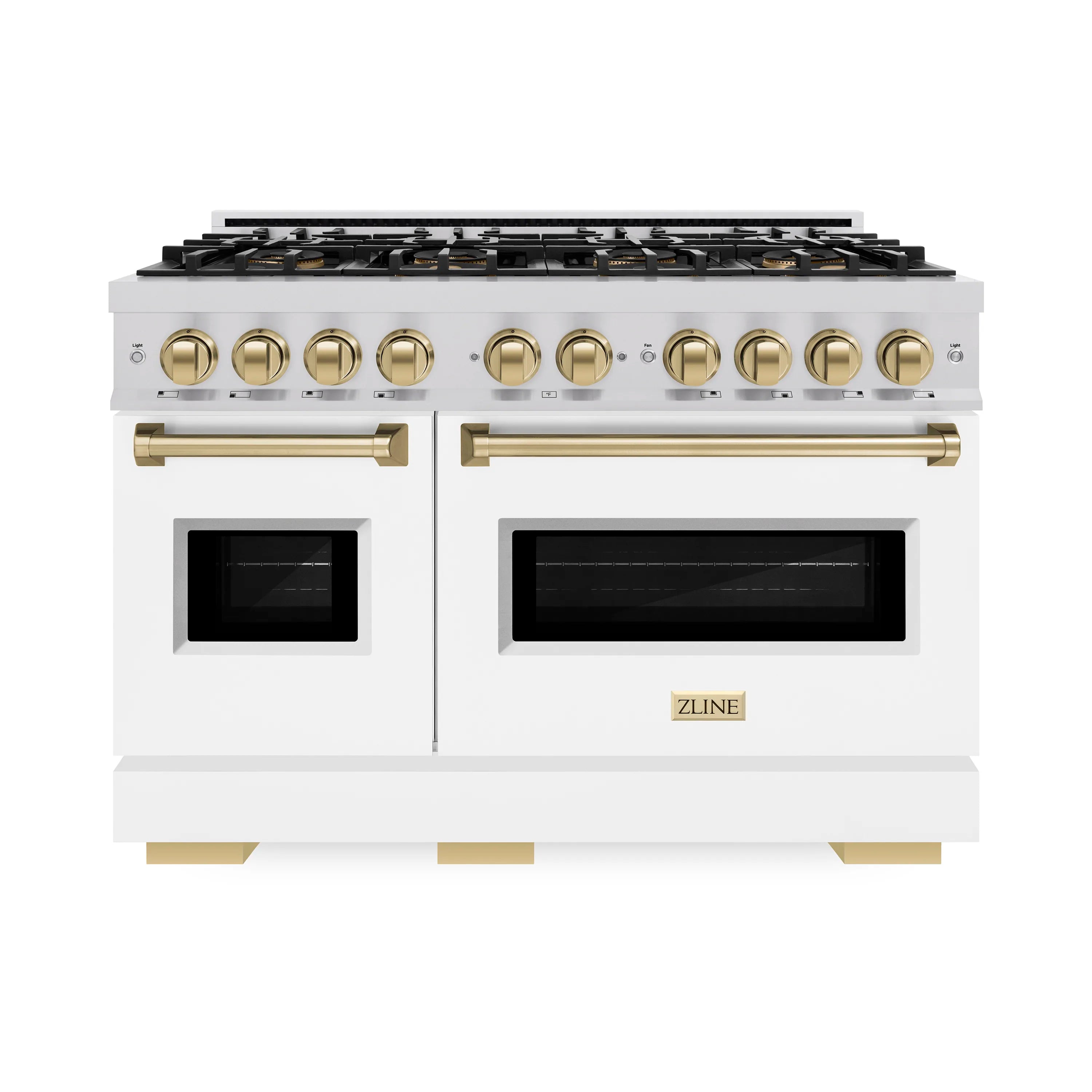 48-inch classic gas range with white doors, black cooktop, and champagne bronze controls