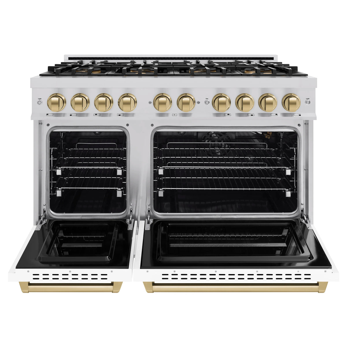 White gas range with eight burners, dual oven doors open and chrome racks inside