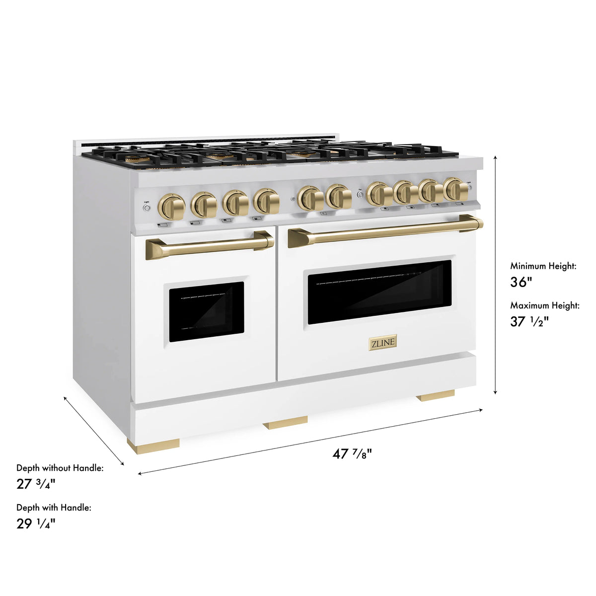 White gas range with gold control knobs and double oven doors with ZLINE logo