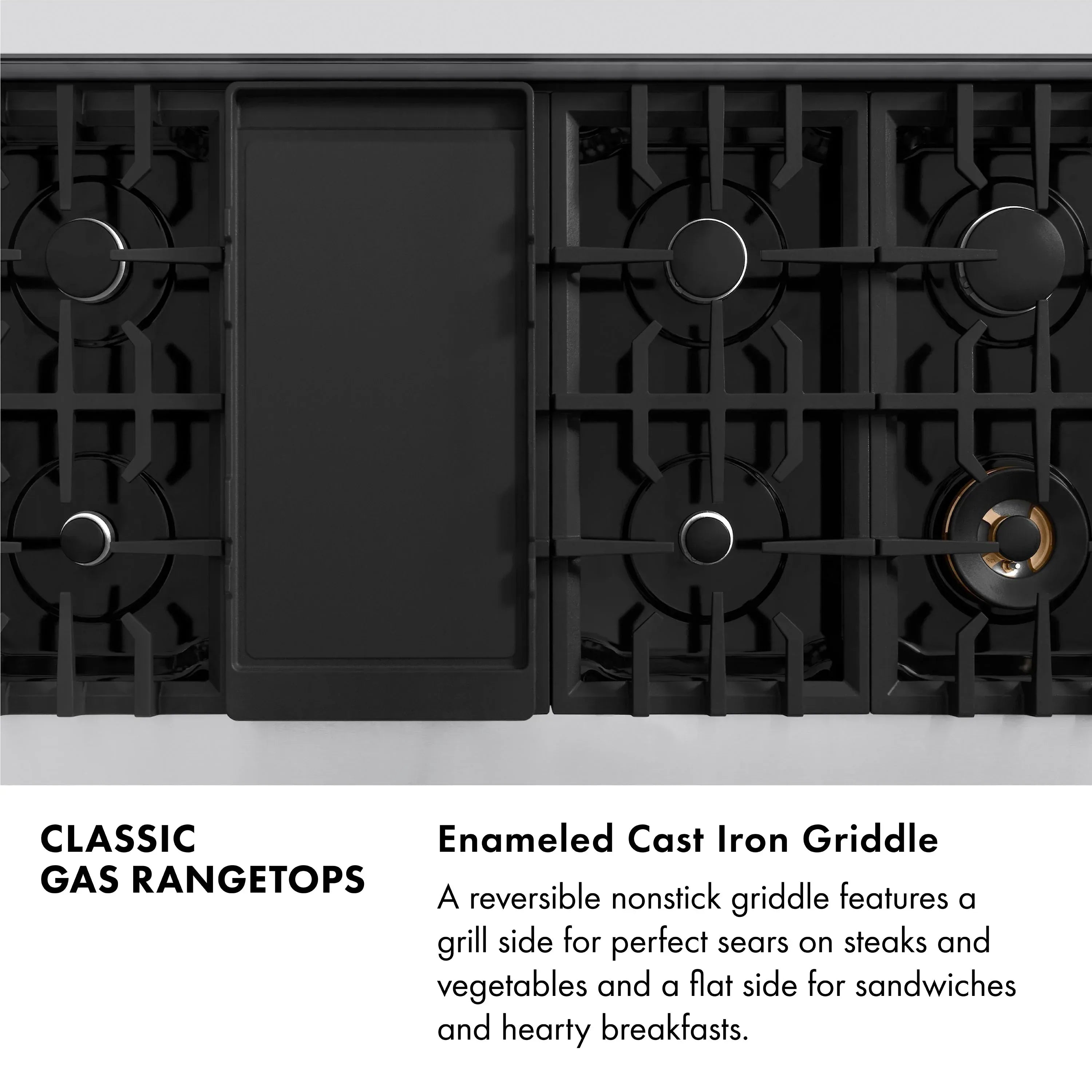 Stainless steel gas range with black grates and front burner control knobs