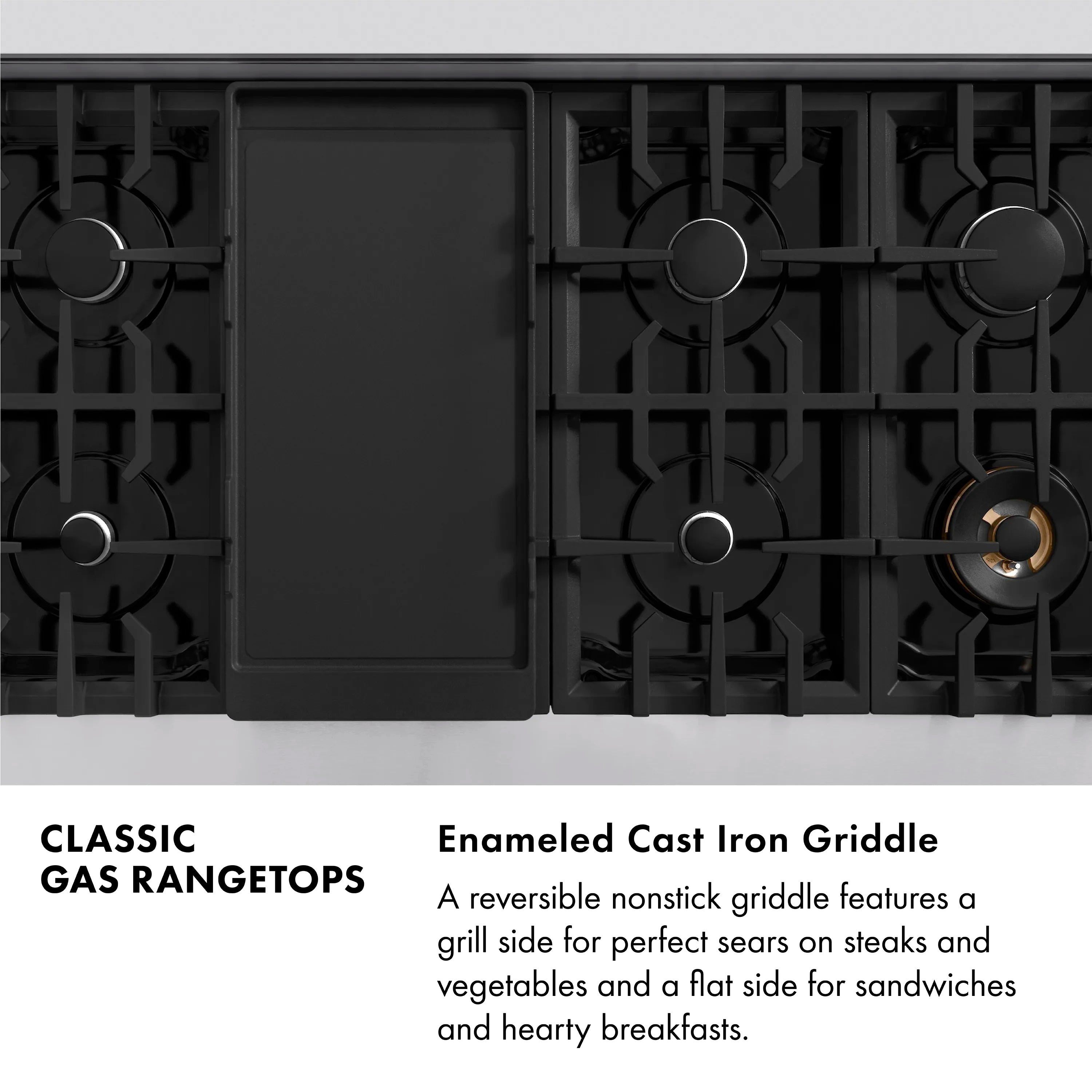 Gas stovetop with large rectangular griddle and black burner grates