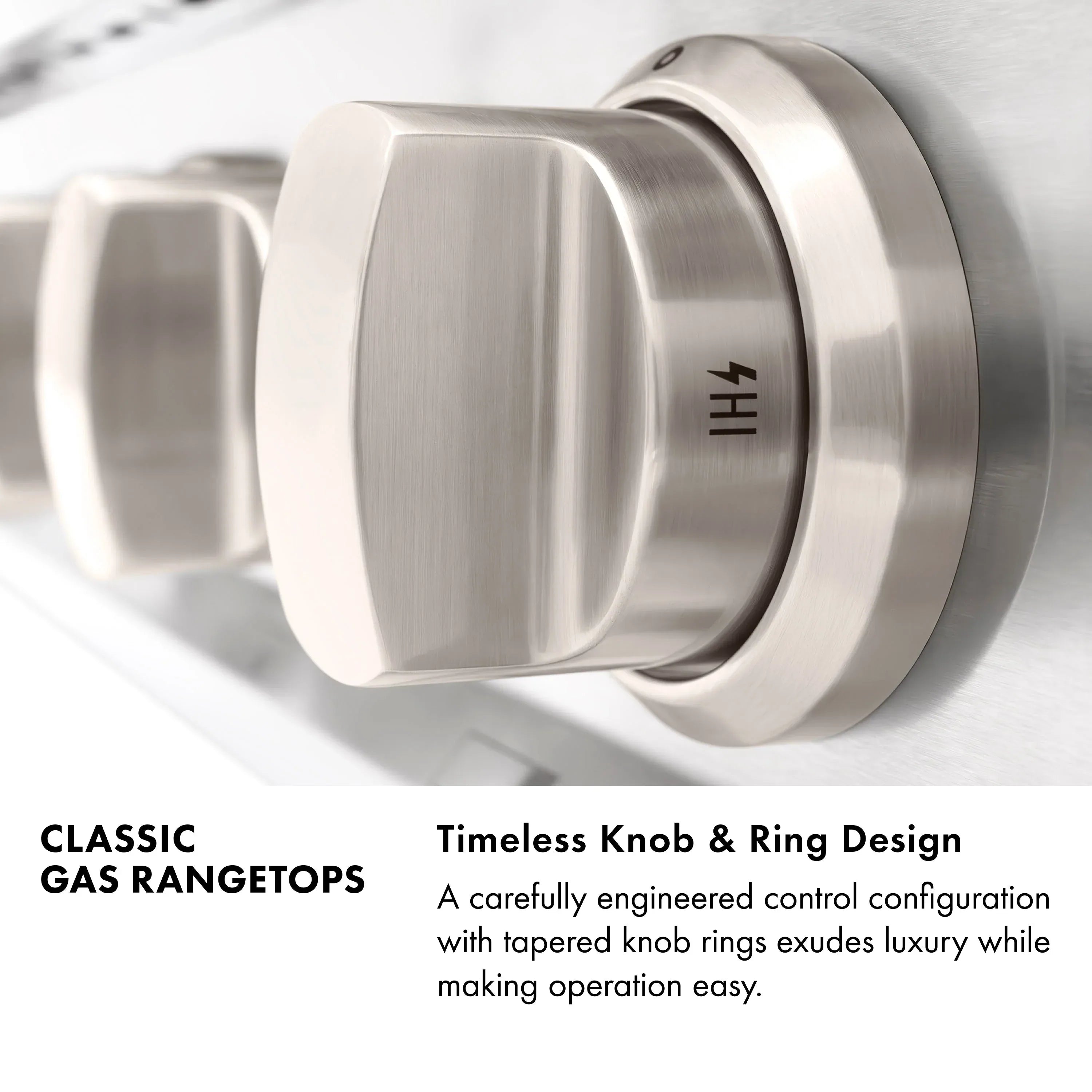 Stainless steel gas range control knob with tapered ring design