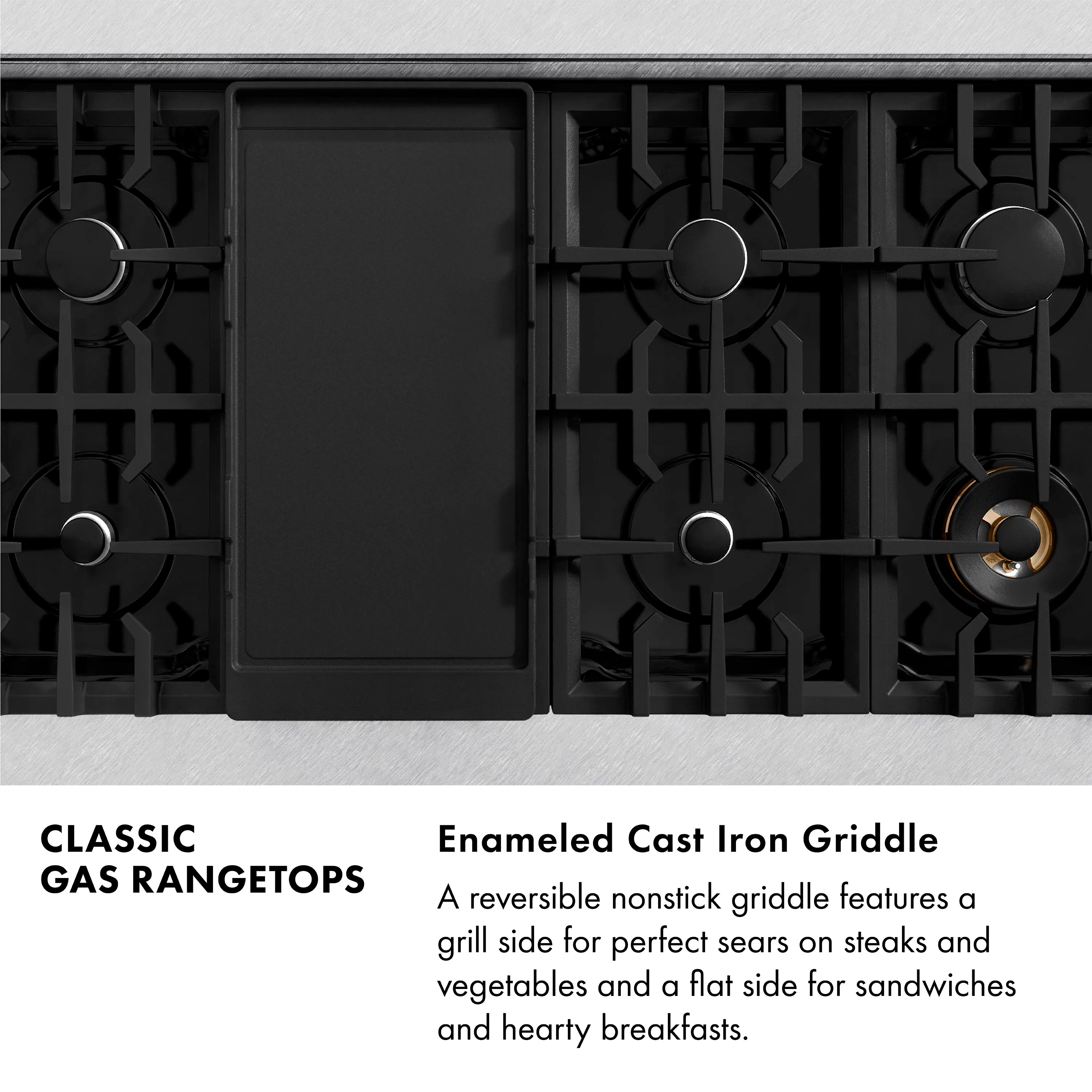 Center griddle insert with four surrounding burners on a gas stovetop