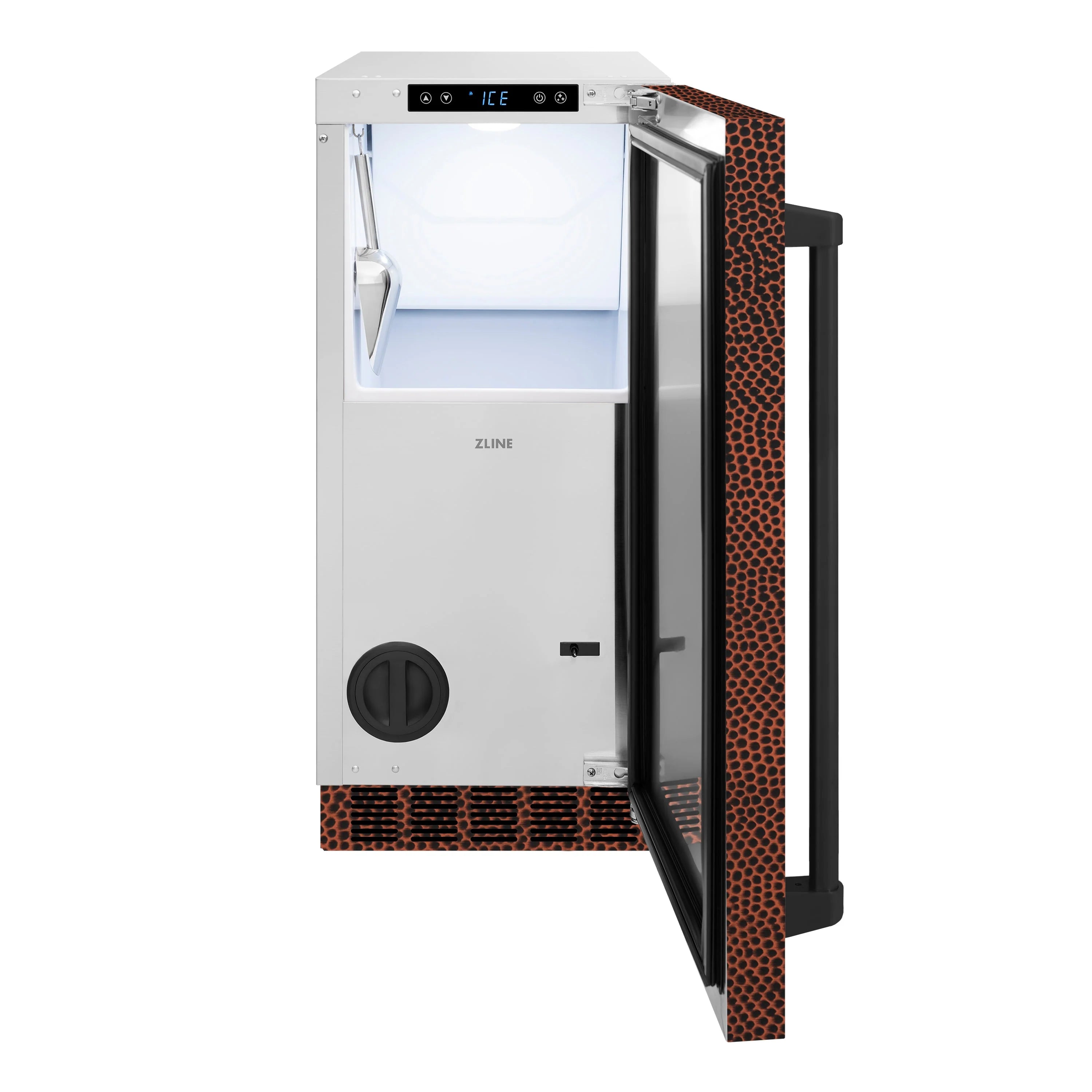 Stainless ice maker with open door showing white ice bin and hanging scoop