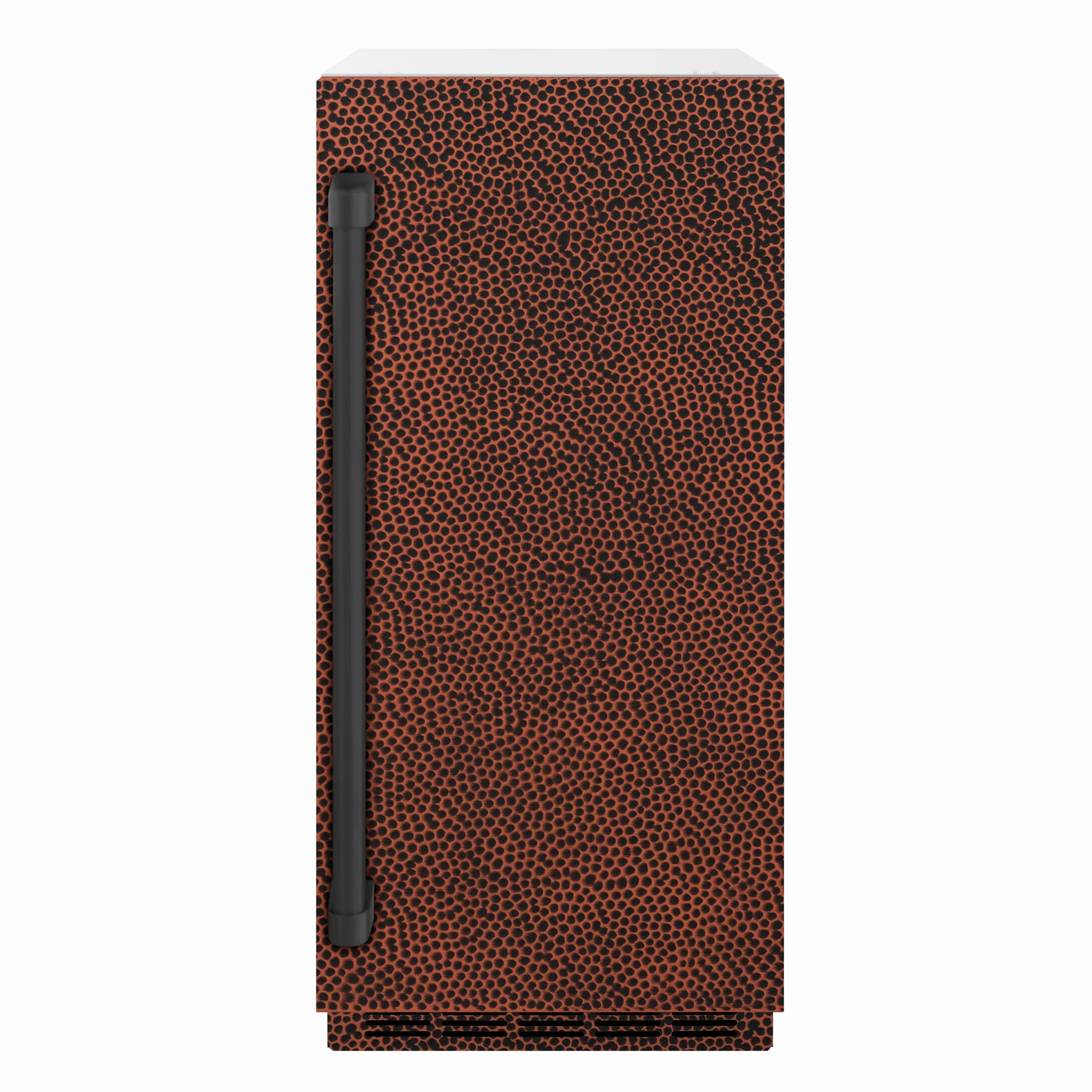 Hammered copper-pattern ice maker door with vertical black handle detail