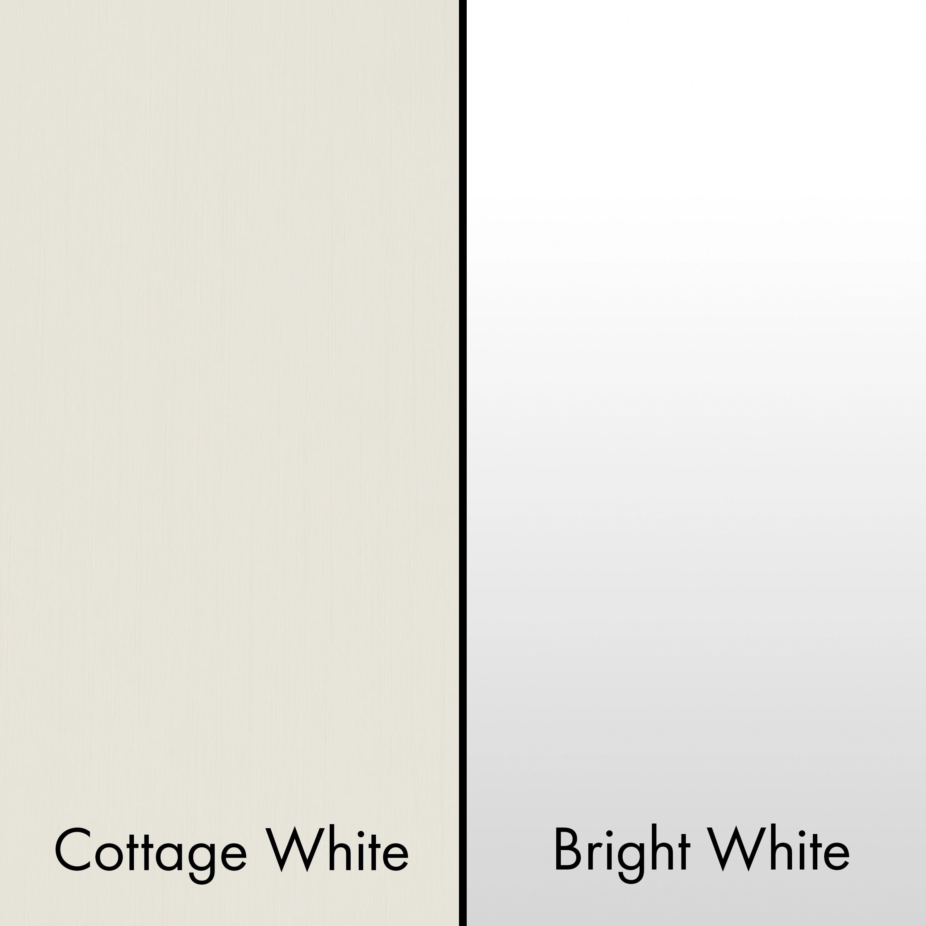 Two white finish swatches for Cottage White and Bright White