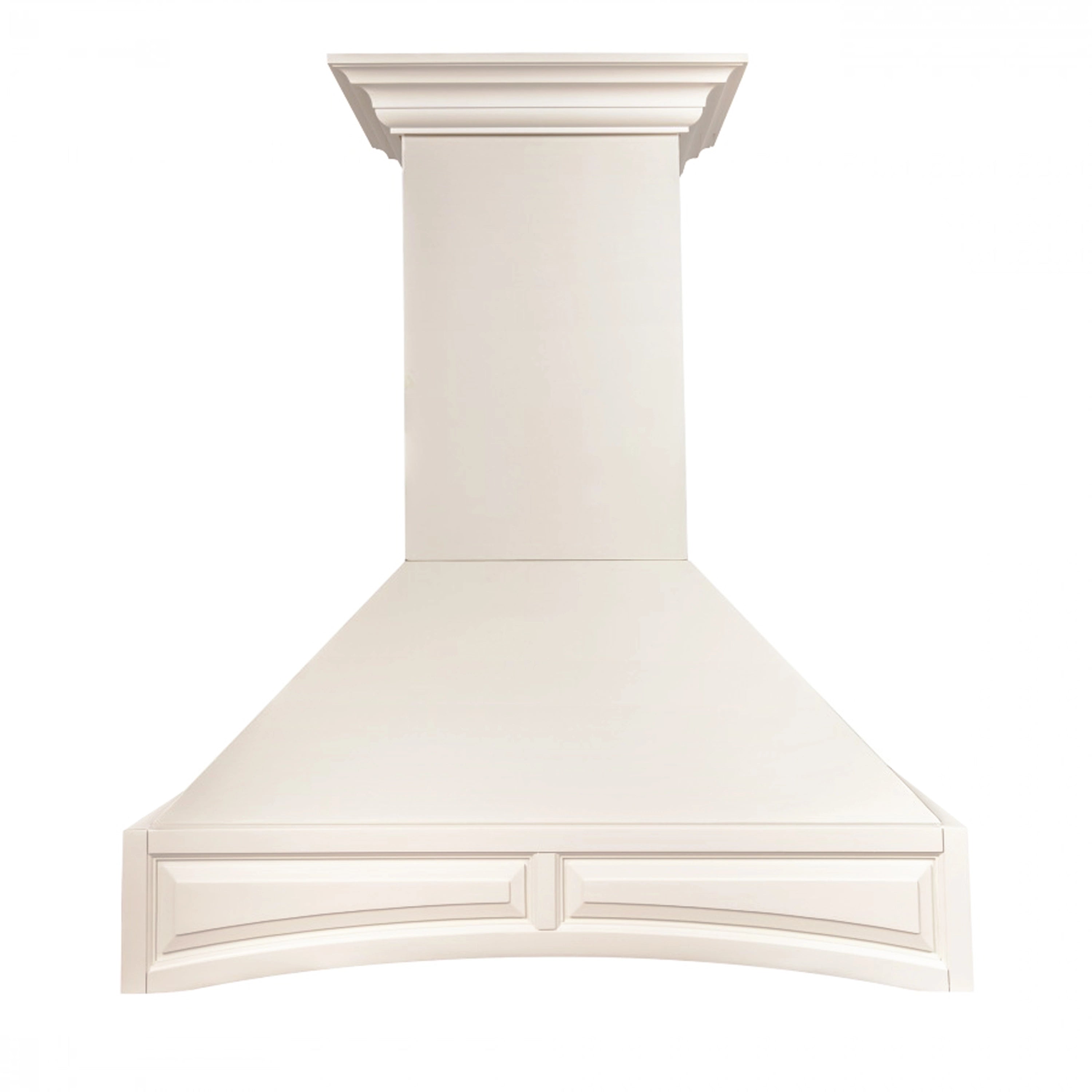 White chimney-style wall range hood with flared decorative canopy