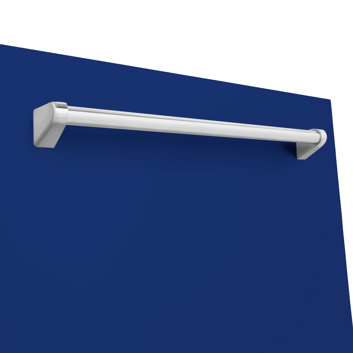 Dishwasher door handle bar in light finish, centered on the front panel