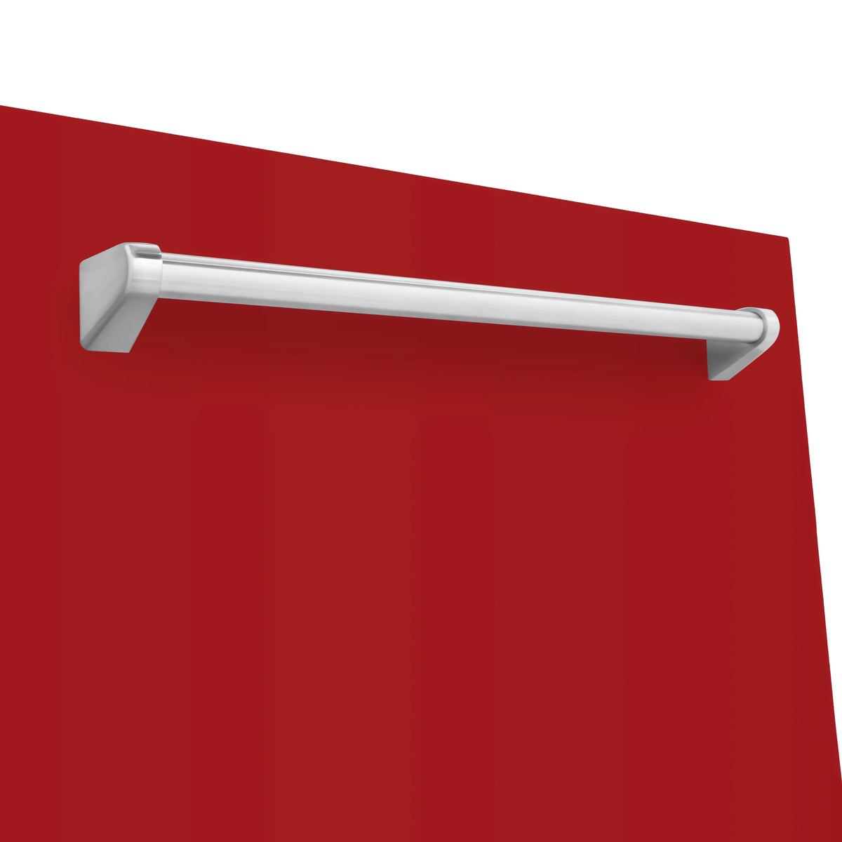 Red dishwasher door panel with stainless pull handle