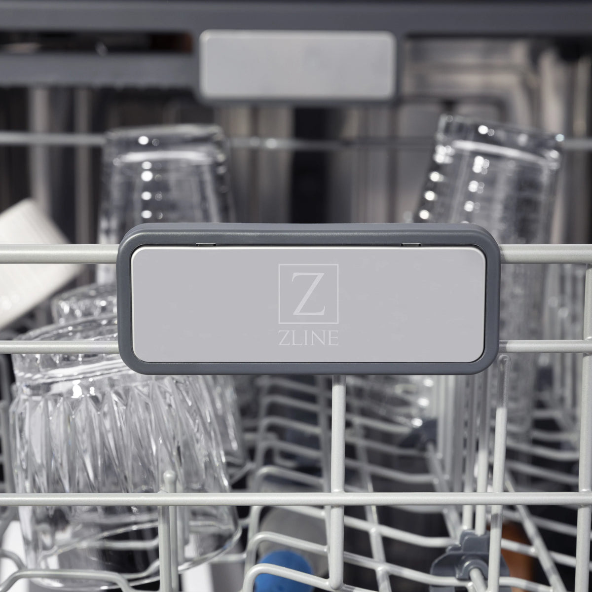 ZLINE dishwasher control indicator on rack with stainless walls