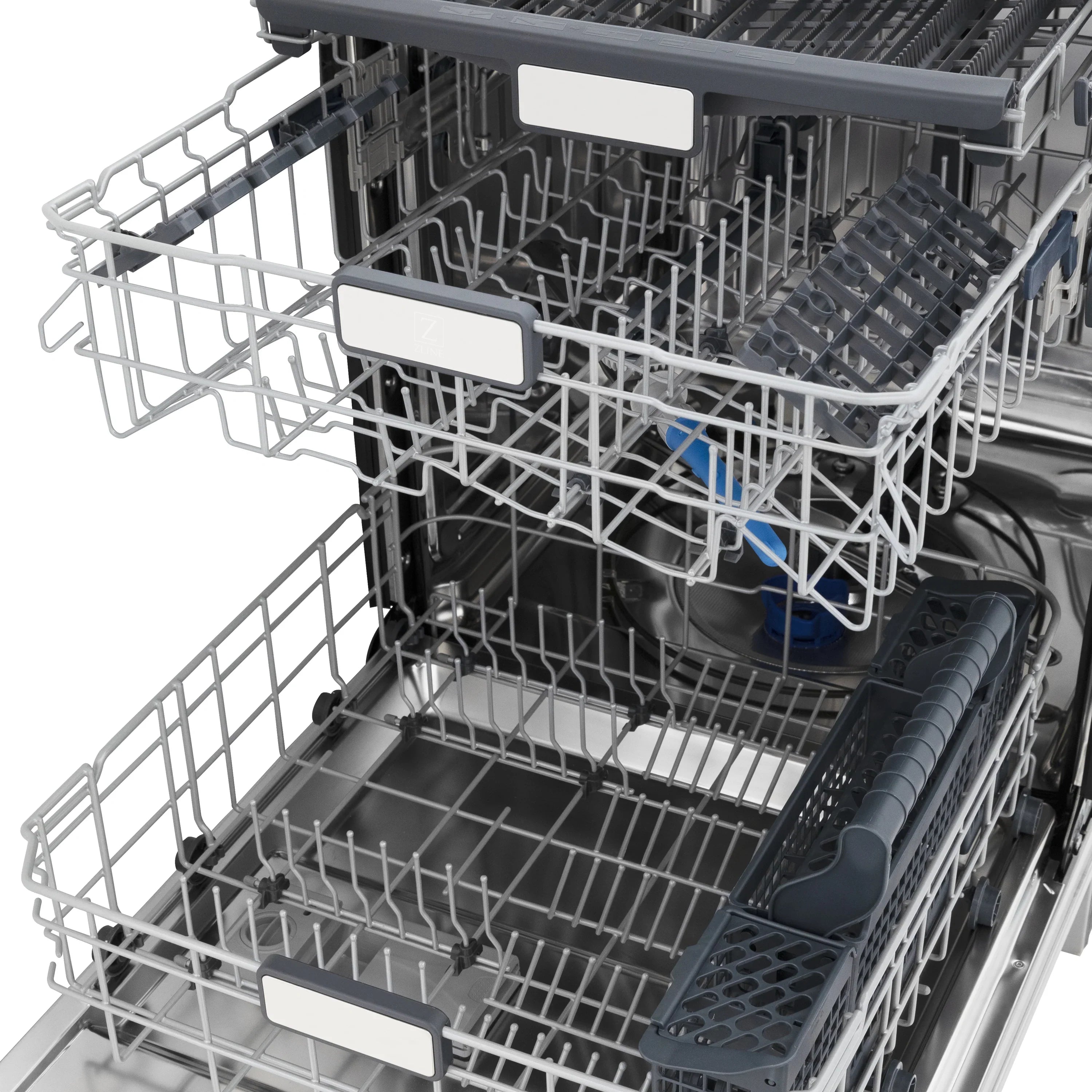 Dishwasher interior with racks and blue utensil accessory in lower section