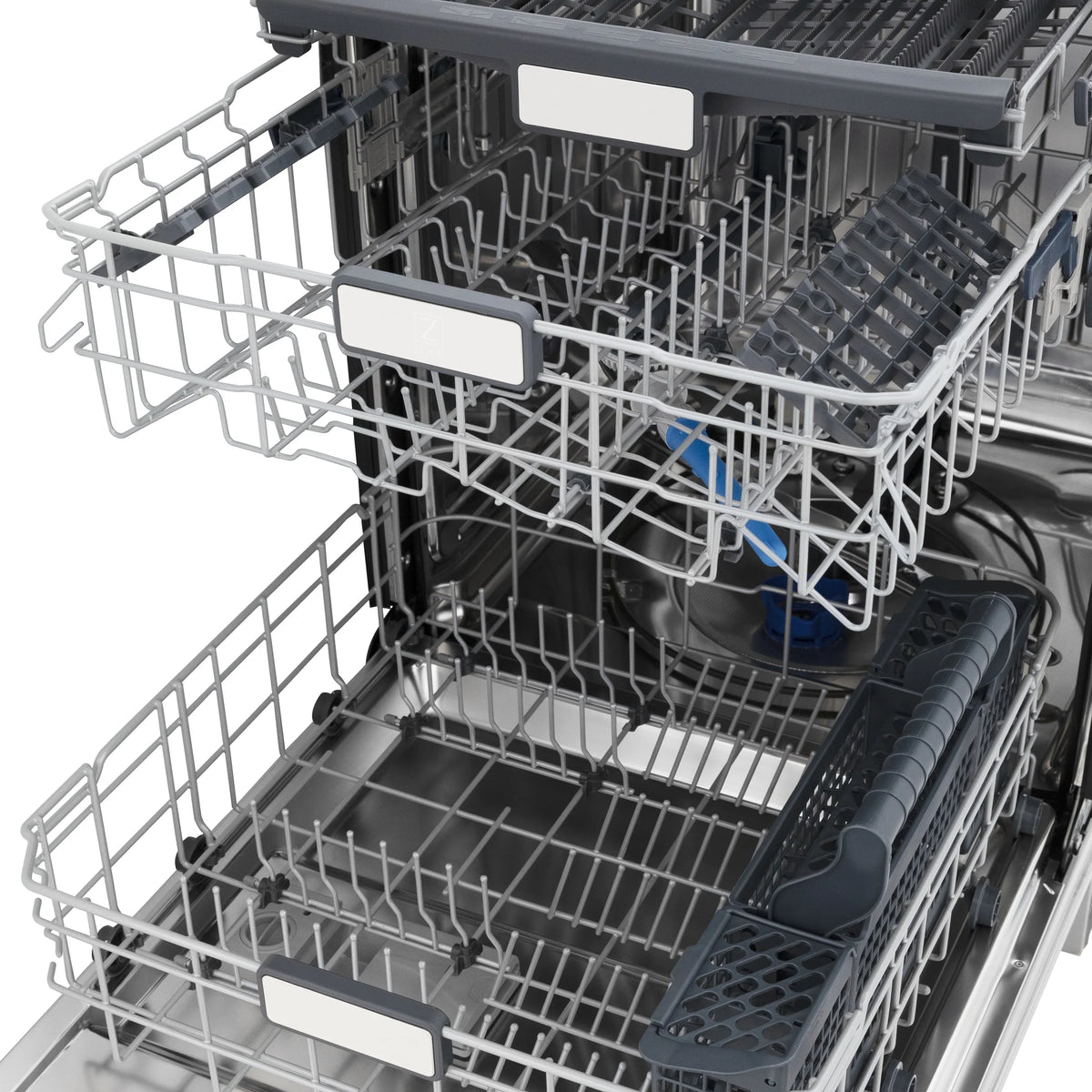 Dishwasher interior with lower rack, cutlery tray, and blue utensil