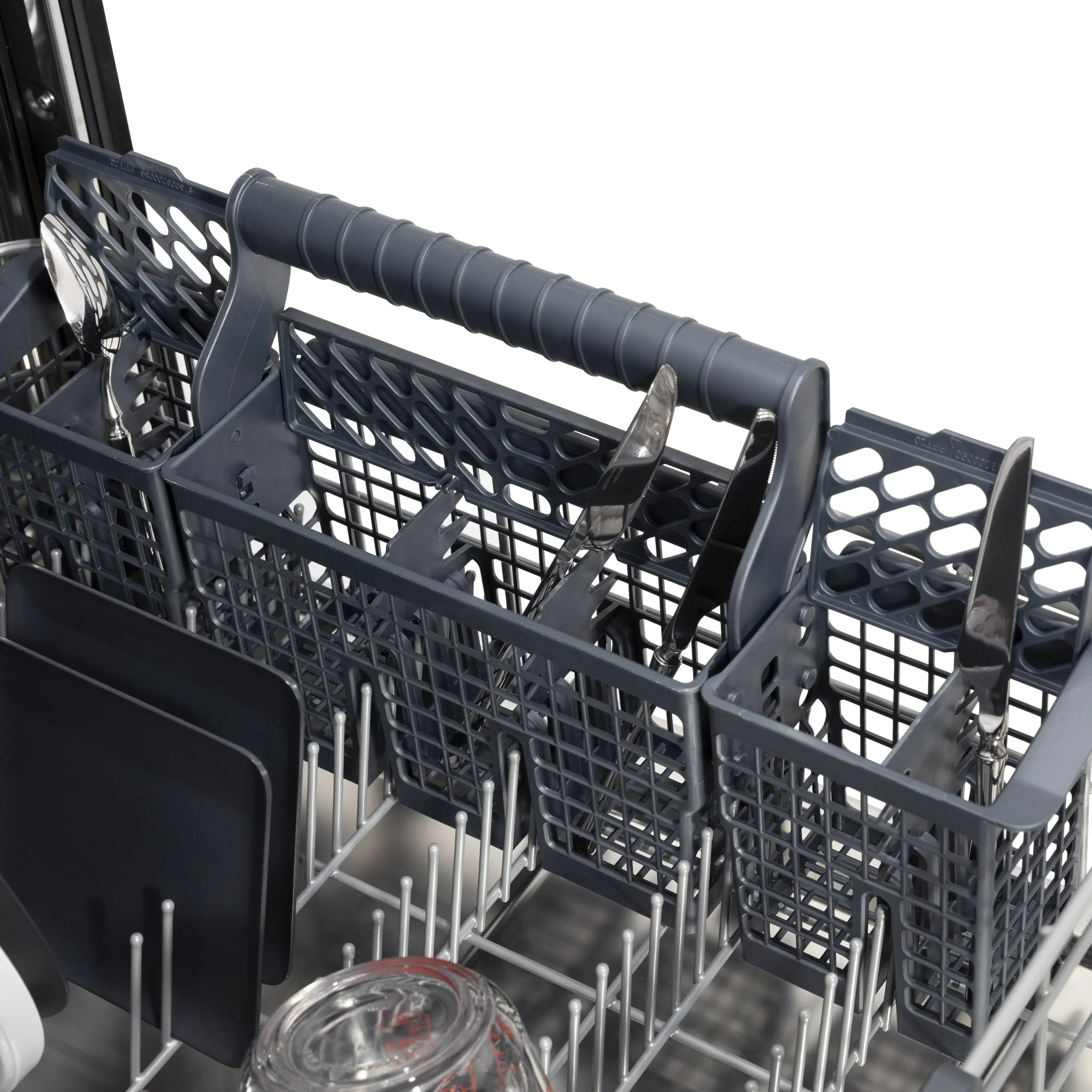 Dishwasher rack interior with gray tines and stainless spray arm nozzles