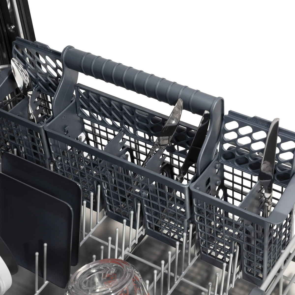 Dishwasher cutlery basket rack with gray handle and utensil holders