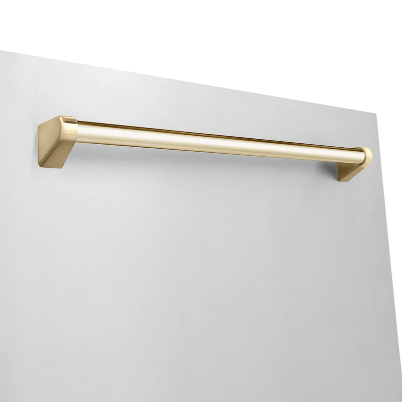 ZLINE 4-Piece Appliance Package - 48-Inch Dual Fuel Range, Hood, Refrigerator with Water Dispenser, and Dishwasher in Stainless Steel with Gold Accents