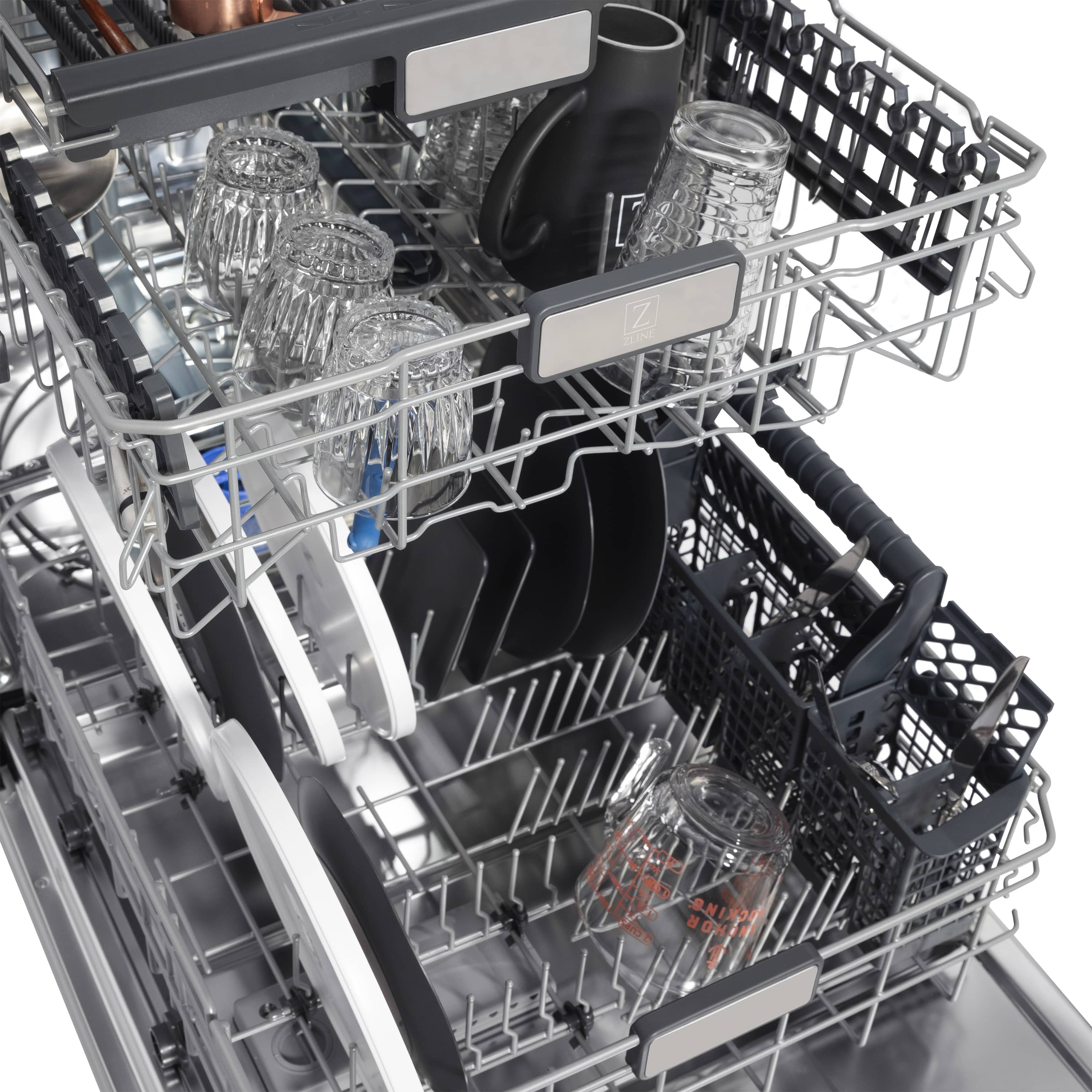 Dishwasher interior with glassware baskets and spray components in black stainless