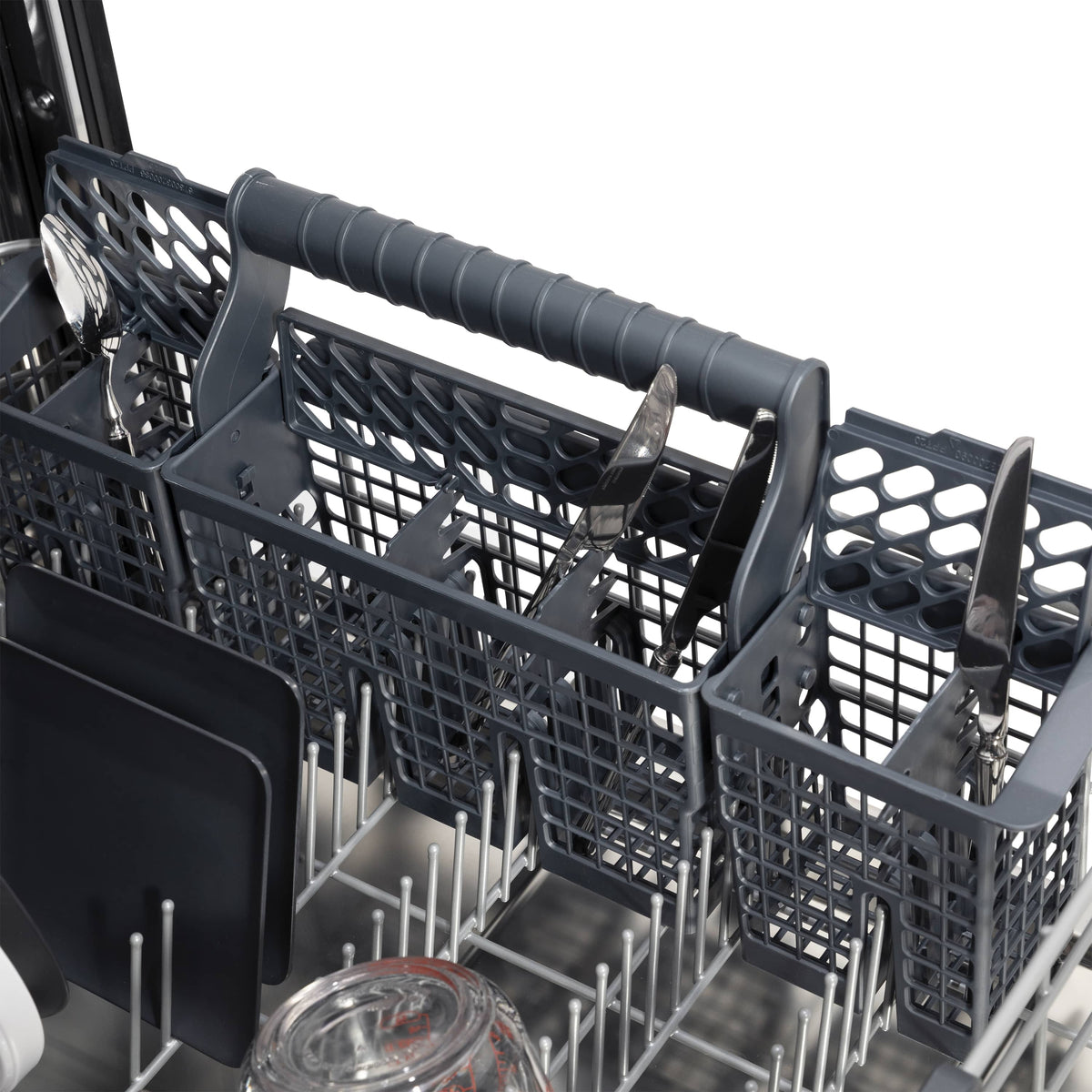 Detail of lower rack rows and utensil holders inside a black dishwasher