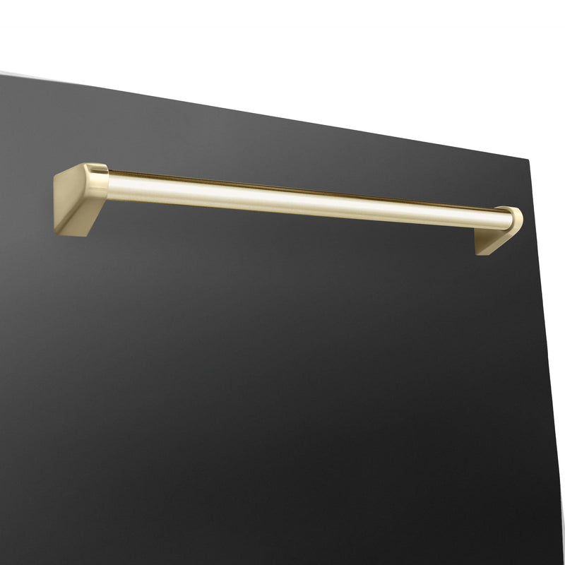 ZLINE 5-Piece Appliance Package - 30-Inch Dual Fuel Range, Hood, Refrigerator, Dishwasher, and Microwave Drawer in Black Stainless Steel with Gold Accents