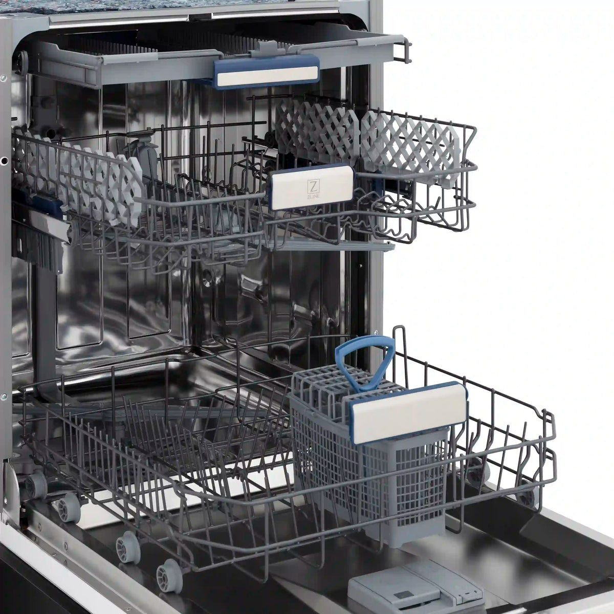 Dishwasher racks with blue-labeled parts and silver wash area, open door close-up