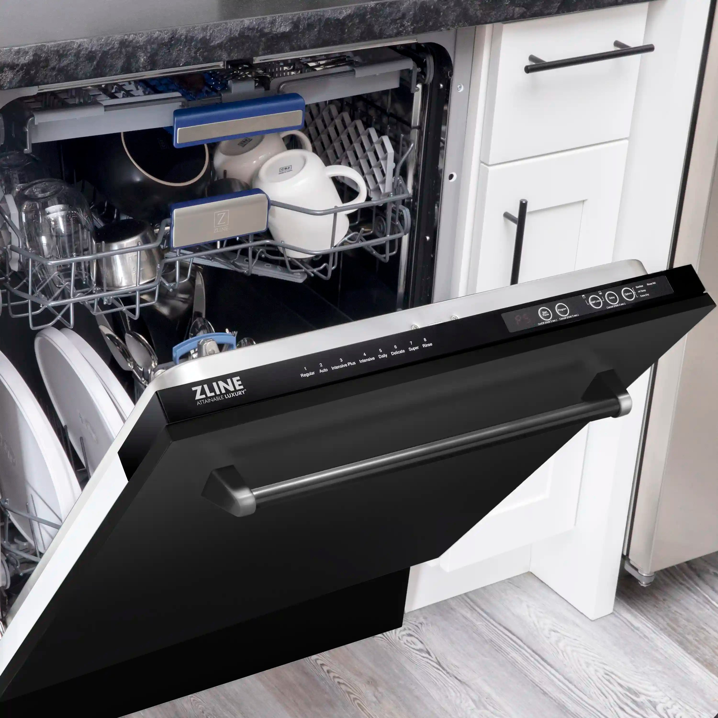Open dishwasher with black door, bar handle, and control panel