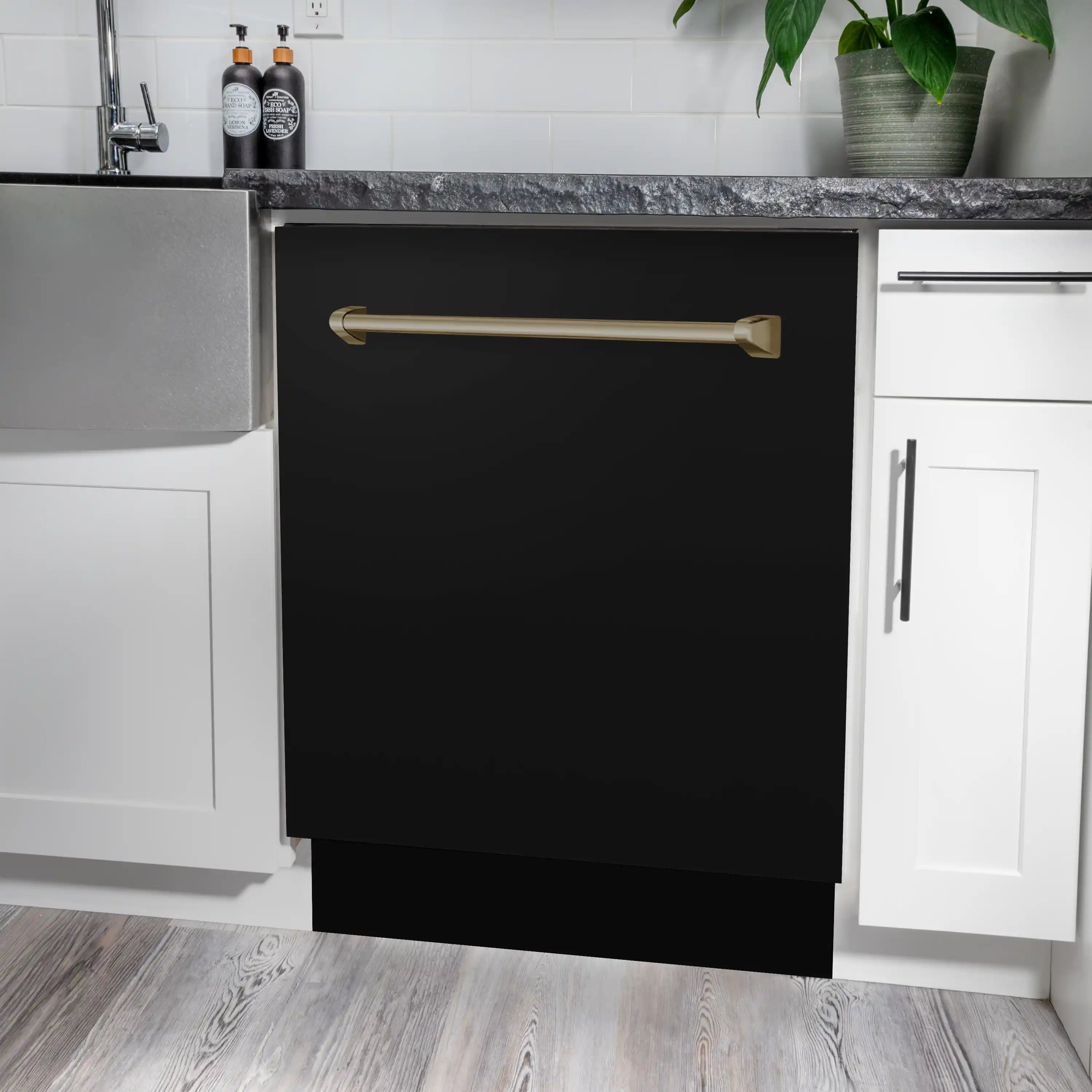 Built-in black stainless dishwasher with champagne bronze handle