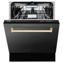 ZLINE 5-Piece Appliance Package - 48-Inch Paramount Gas Range, Wall Mount Range Hood, 36-Inch French Door Refrigerator, Dishwasher, and 30-Inch Microwave Drawer in Black Stainless Steel with Champagne Bronze Accents