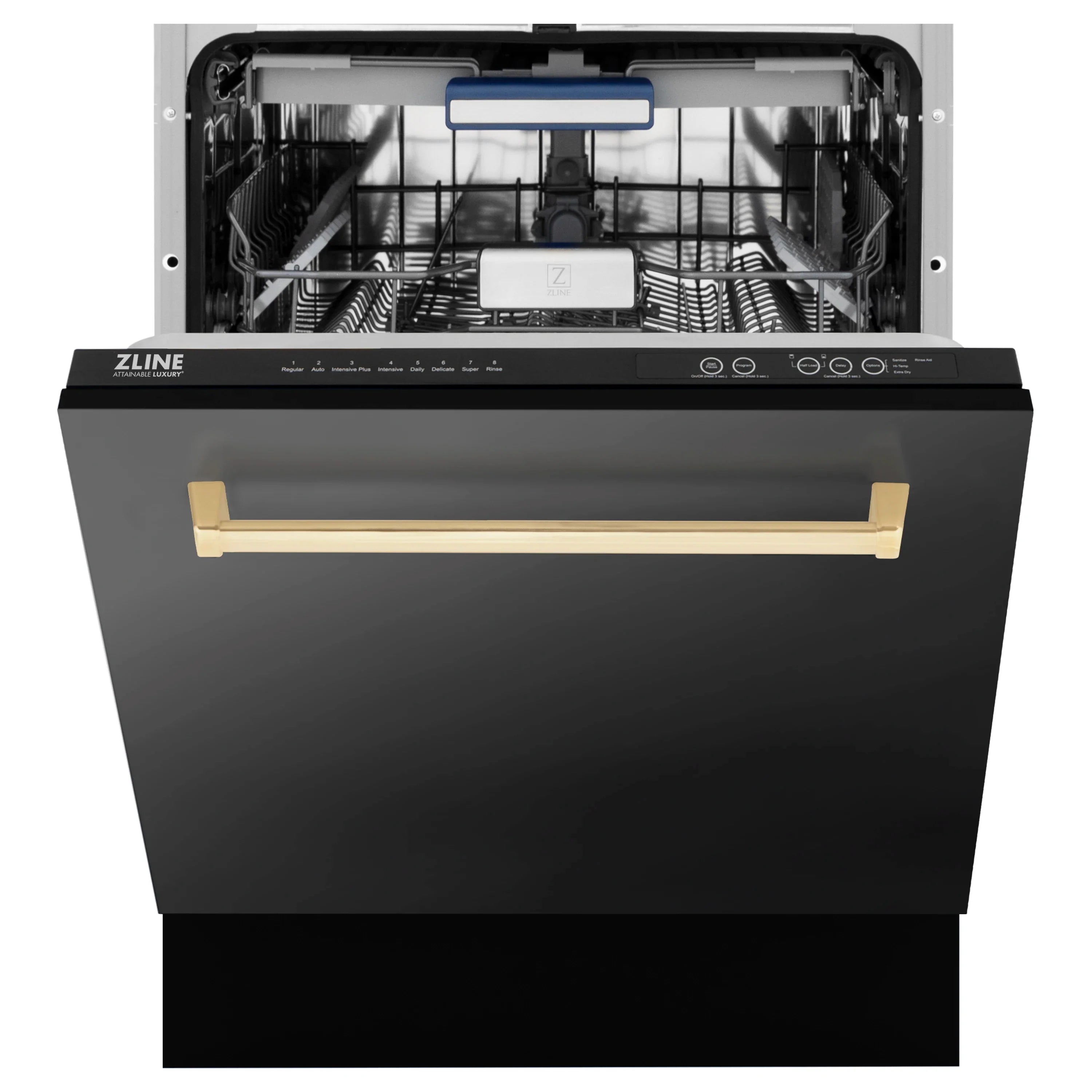 Black built-in dishwasher with open door showing interior racks and control panel