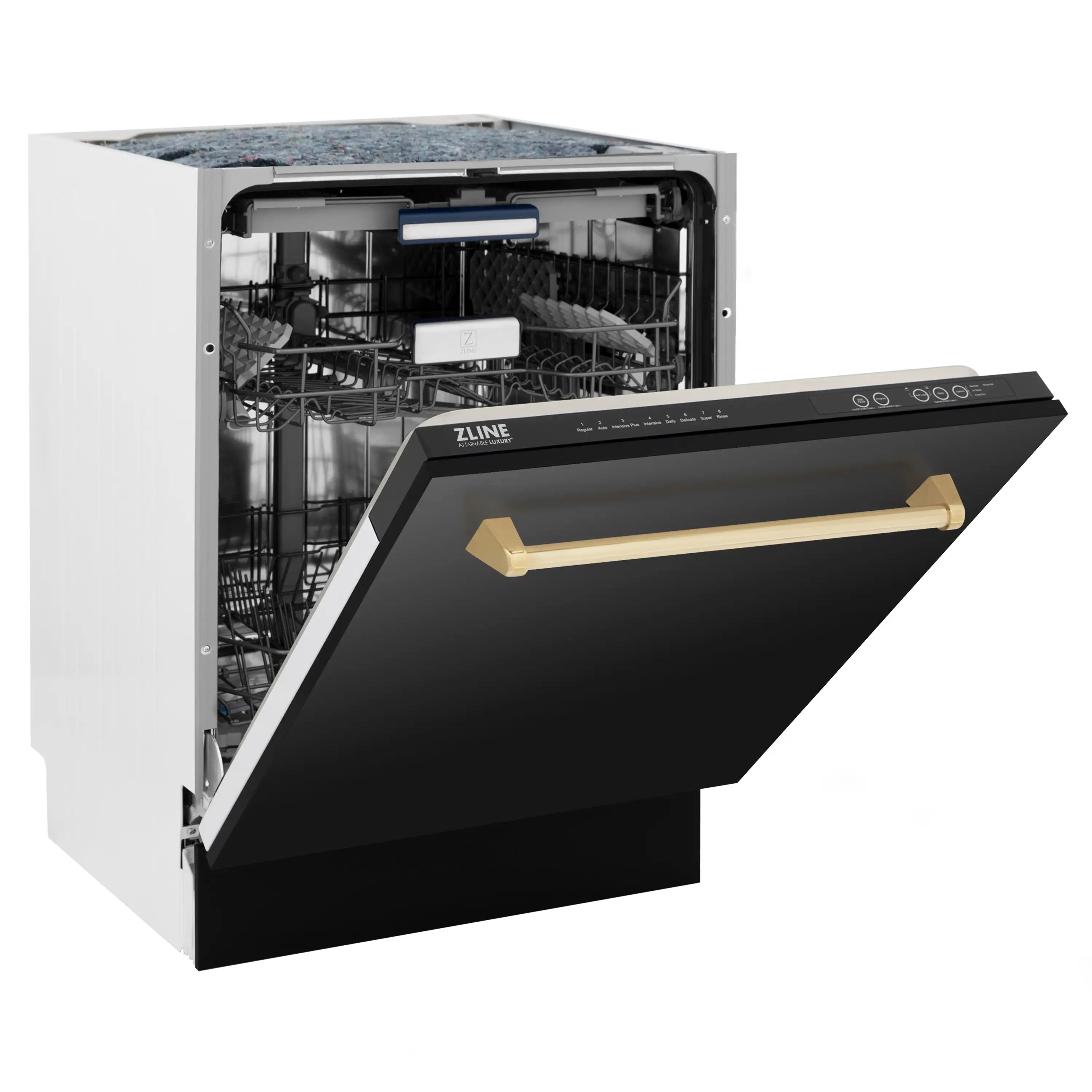 Black stainless dishwasher door with control panel and recessed handle