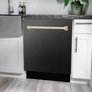 ZLINE 4-Piece Appliance Package - 48-Inch Paramount Gas Range, Wall Mount Range Hood, 36-Inch French Door Refrigerator, Dishwasher, in Black Stainless Steel with Gold Accents