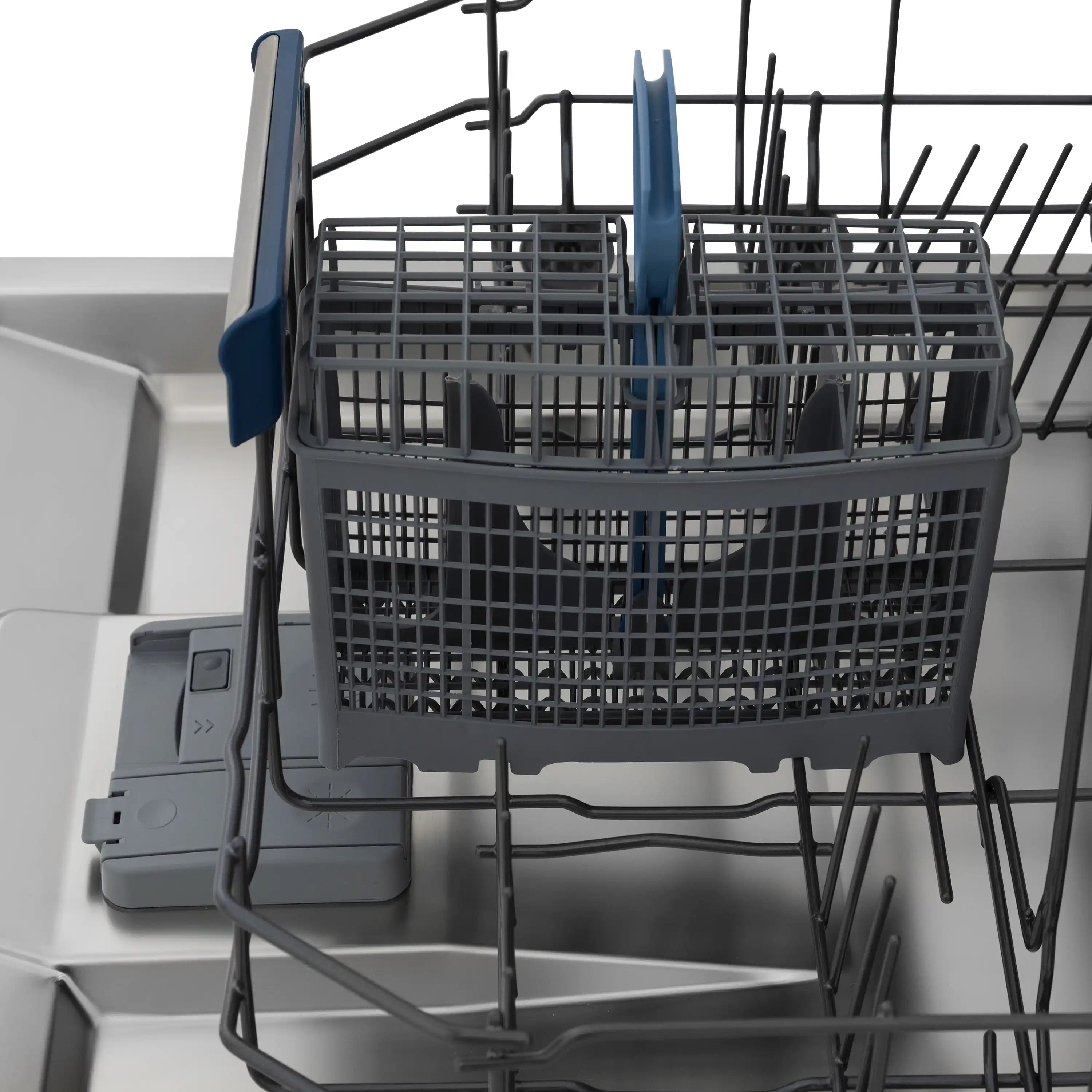 Upper dishwasher rack with blue side supports and wire basket compartments