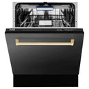 ZLINE 4-Piece Appliance Package - 48-Inch Paramount Gas Range, Wall Mount Range Hood, 36-Inch French Door Refrigerator, Dishwasher, in Black Stainless Steel with Gold Accents