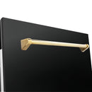 ZLINE 4-Piece Appliance Package - 48-Inch Paramount Gas Range, Wall Mount Range Hood, 36-Inch French Door Refrigerator, Dishwasher, in Black Stainless Steel with Gold Accents