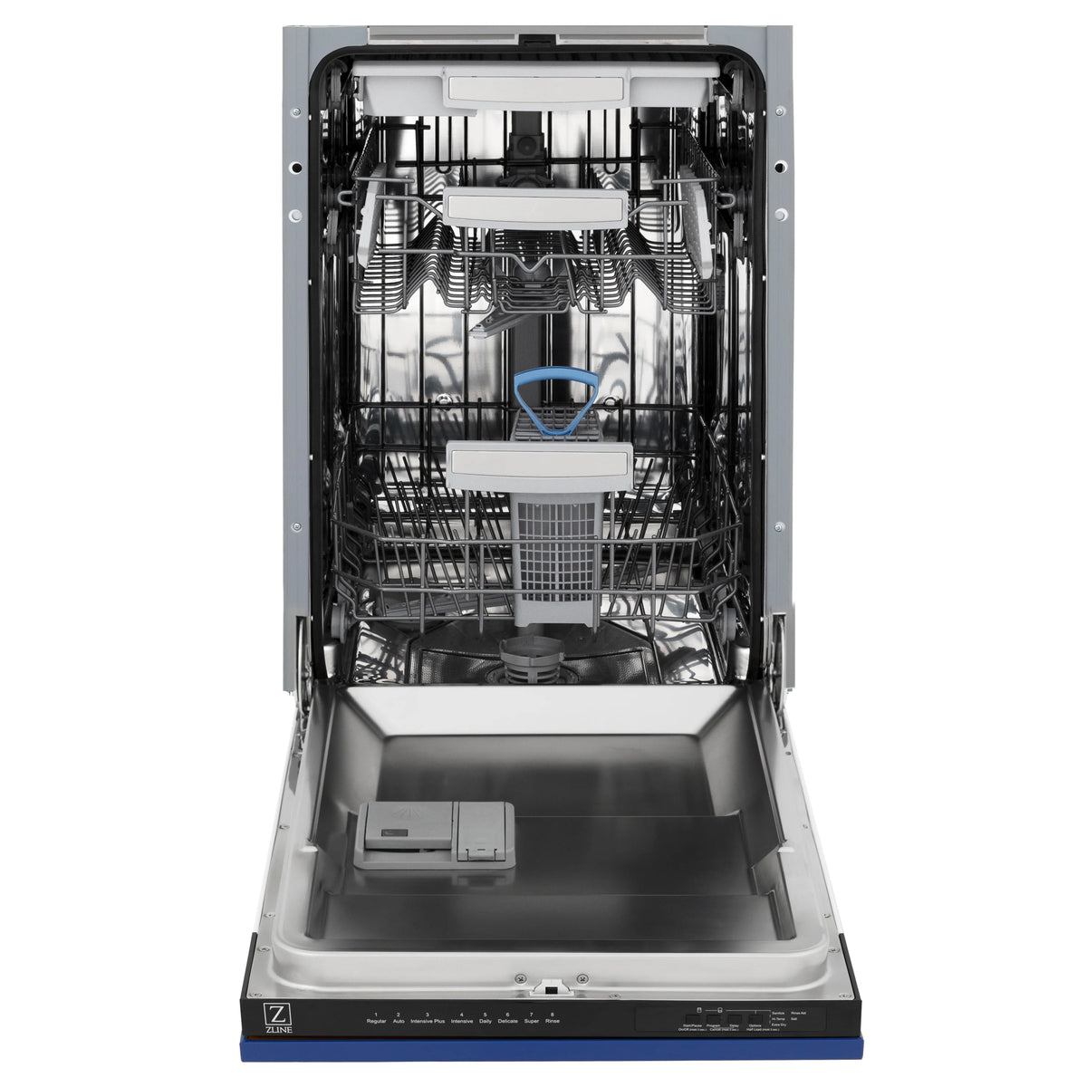 Dishwasher open with stainless interior tub and upper rack and spray arms visible