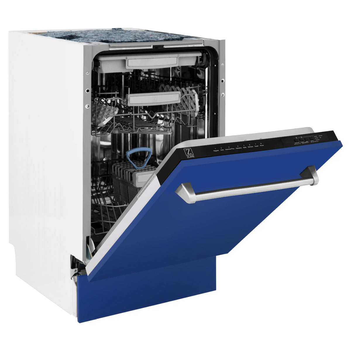 Dishwasher open with blue door panel and stainless tub, racks visible inside