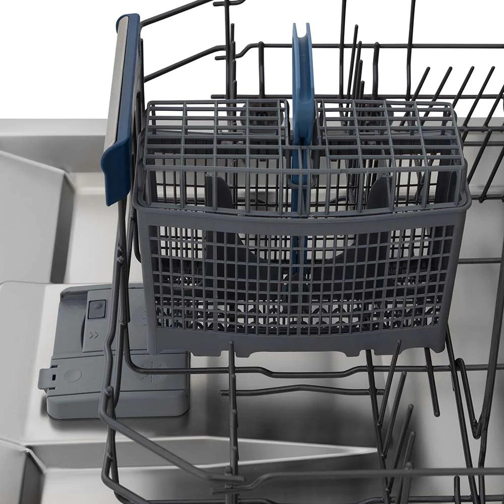Tall dishwasher basket rack with tines, blue divider, and silver side supports