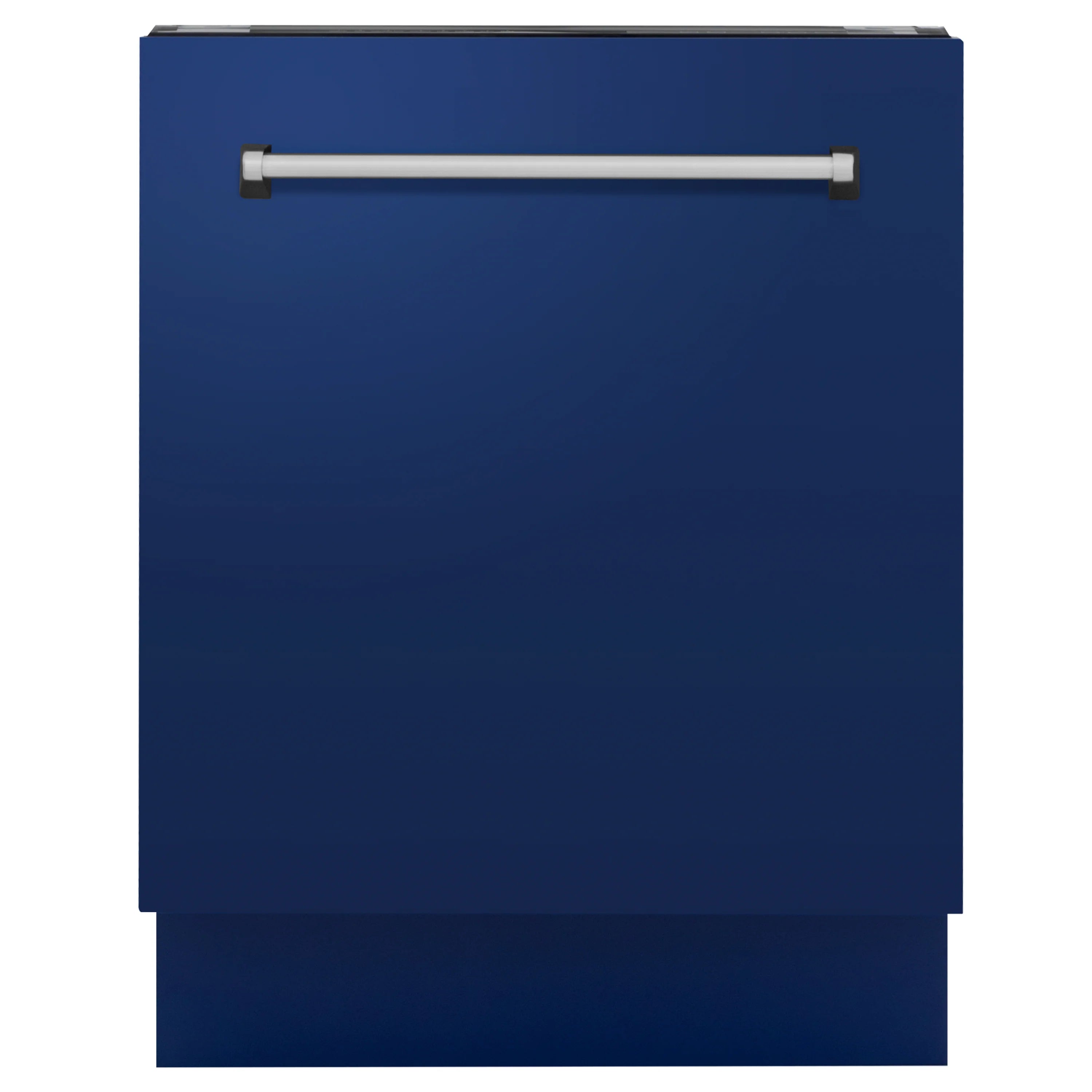Blue gloss dishwasher front with stainless handle bar