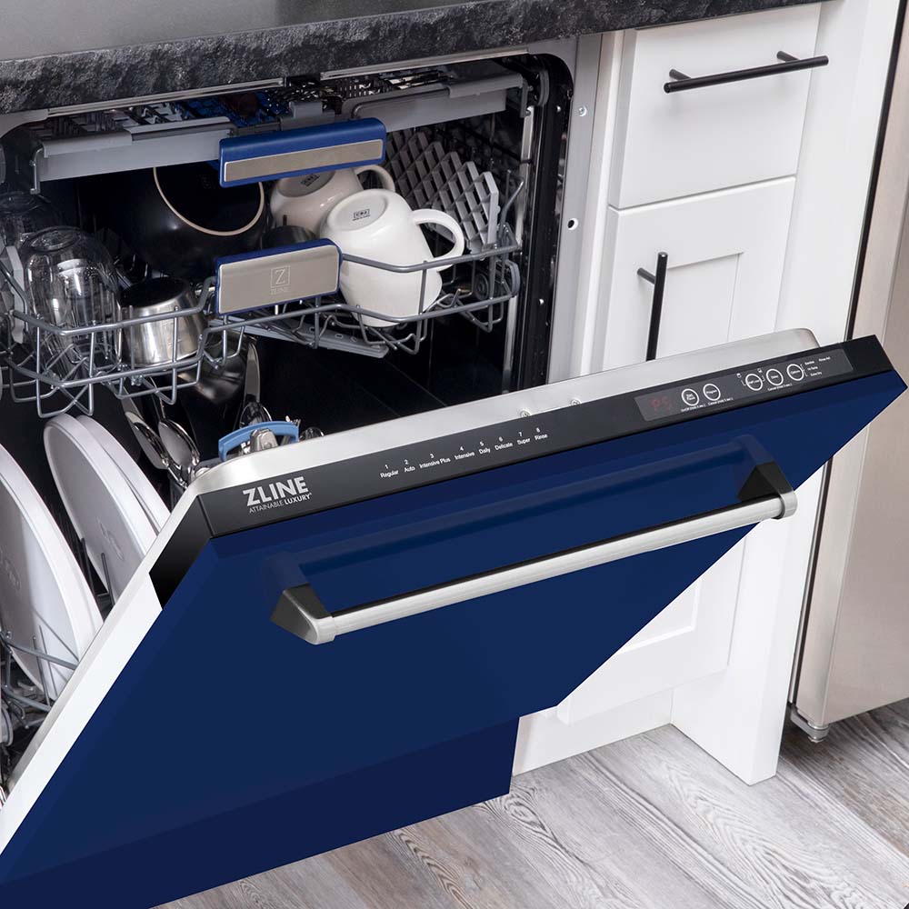 Blue gloss dishwasher open door showing stainless racks and control panel