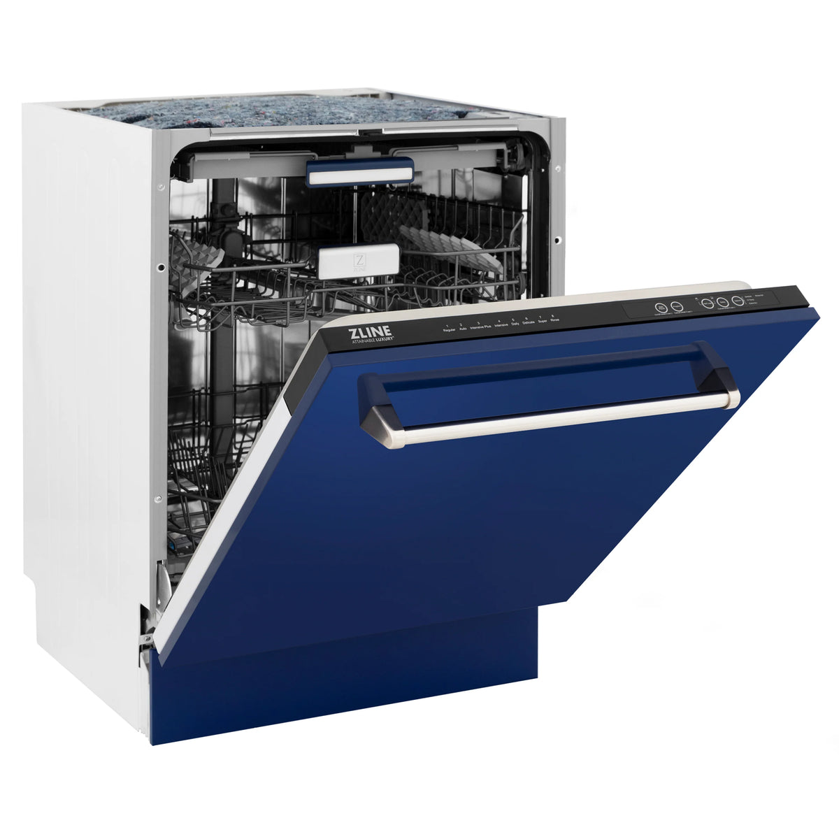 Blue gloss built-in dishwasher open door with control panel and racks